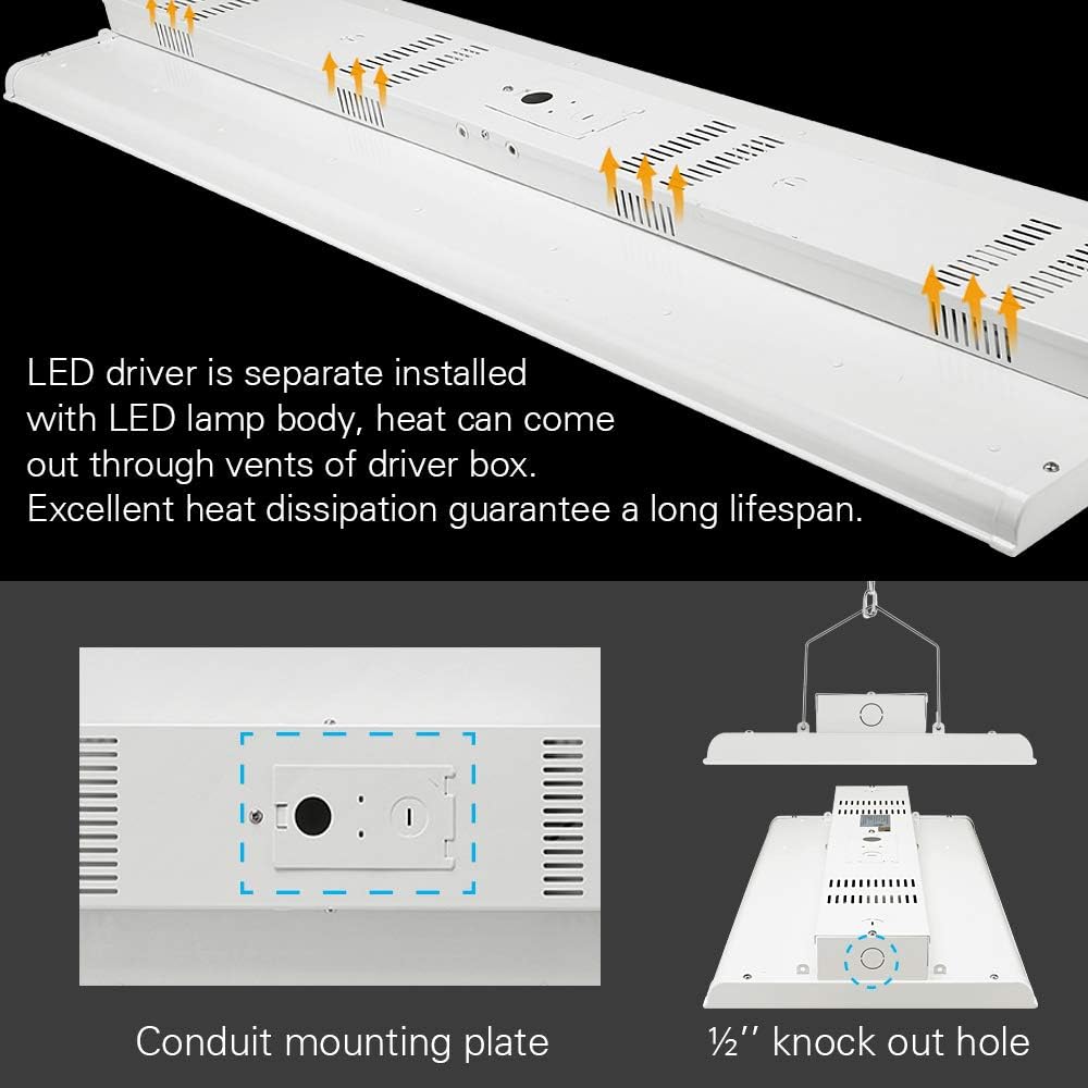 4FT Linear LED Highbay Light - Pack of Two - 225W - 30600LM - 1-10V dimmable - 5000K Daylight White - UL and DLC Listed - Replaces 6-8 Lamp Fluorescent T5 Fixture