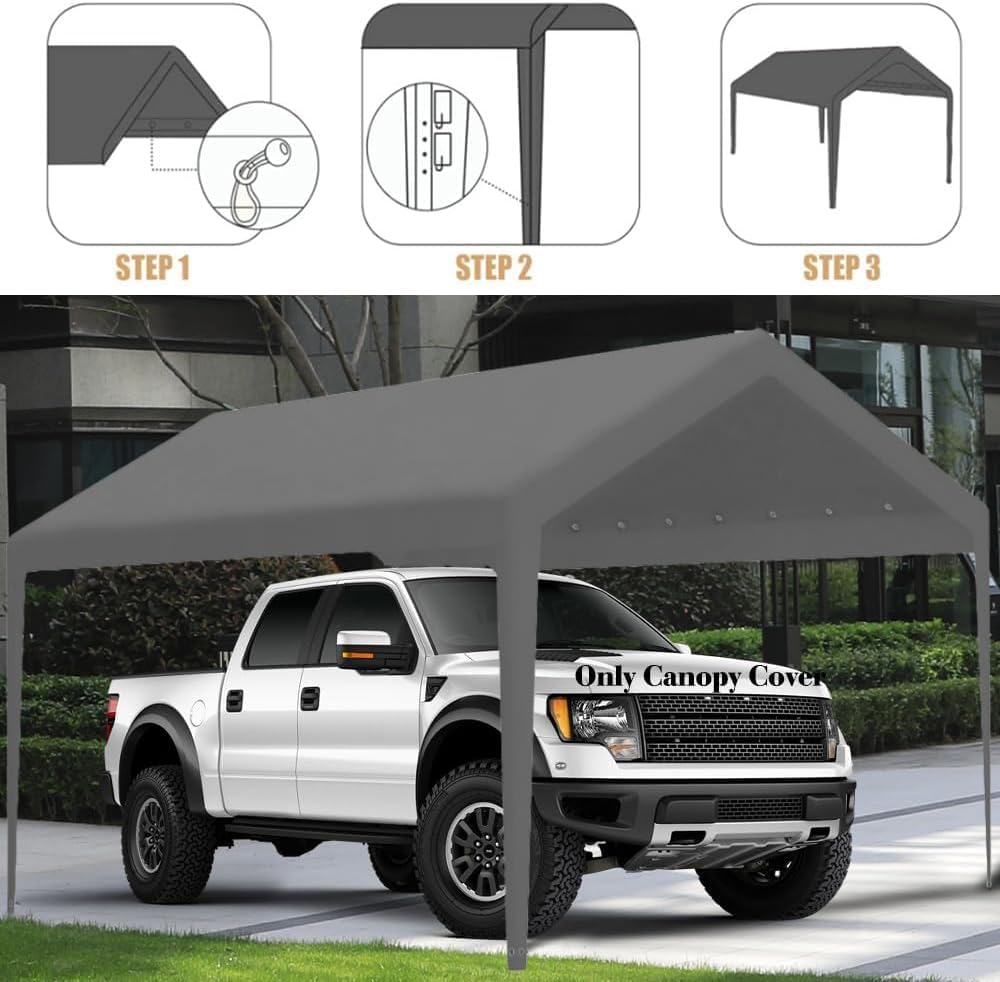 Rutile 10 x 20 FT Carport Replacement Cover - Heavy Duty Car Tarp Canopy Tent Garage Top Shelter With Fabric Leg Pole Skirts and Ball Bungees - Gray (Only Top Cover, Frame Not Included)