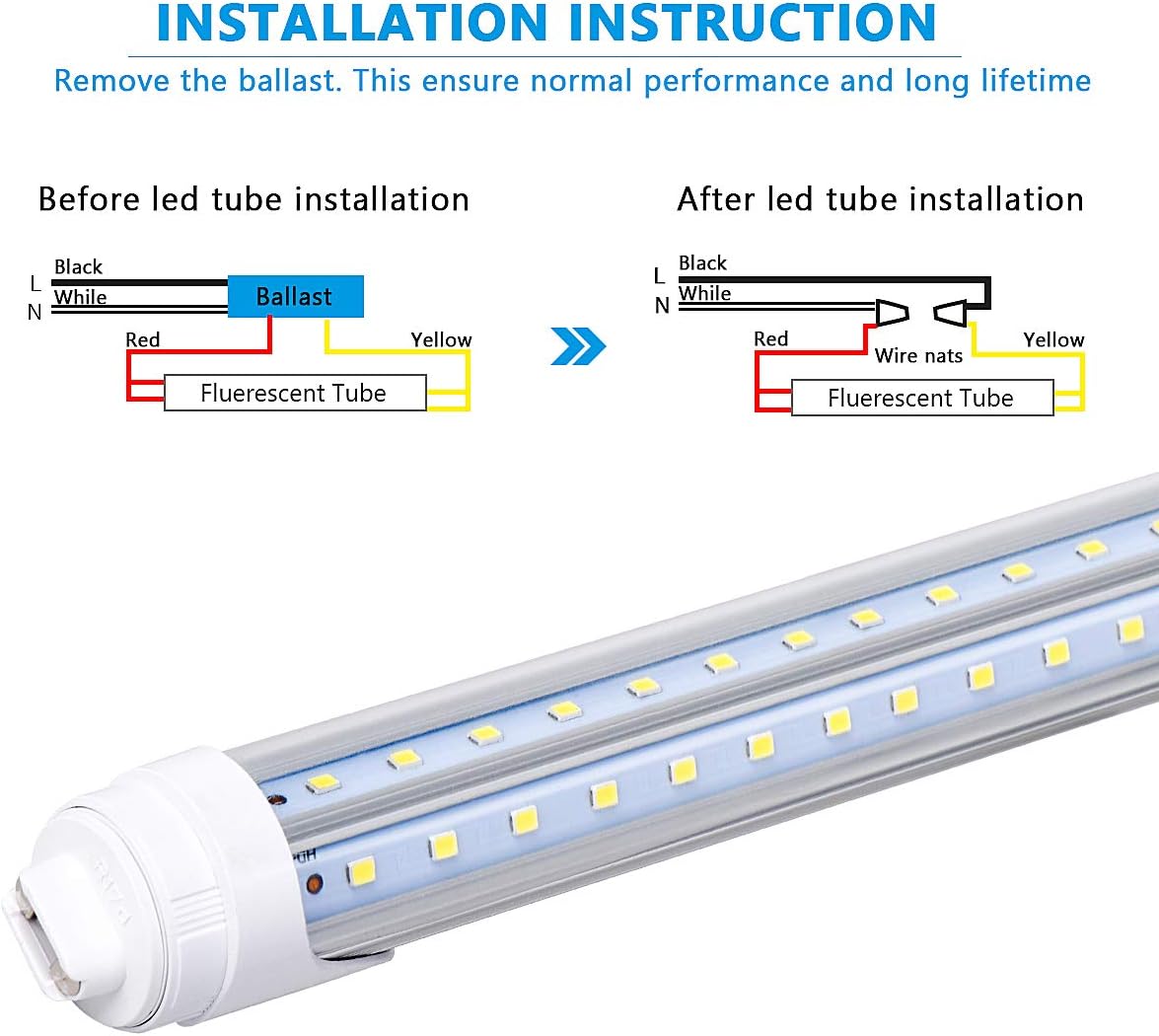 4 Pack, R17D/HO 8FT LED Bulbs - Rotate V Shape, 6000K Cold White 100W, 15000LM, 200W Equivalent F96T12/DW/HO, Clear Cover, T8/T10/T12 Replacement, Dual-End Powered, Ballast Bypass