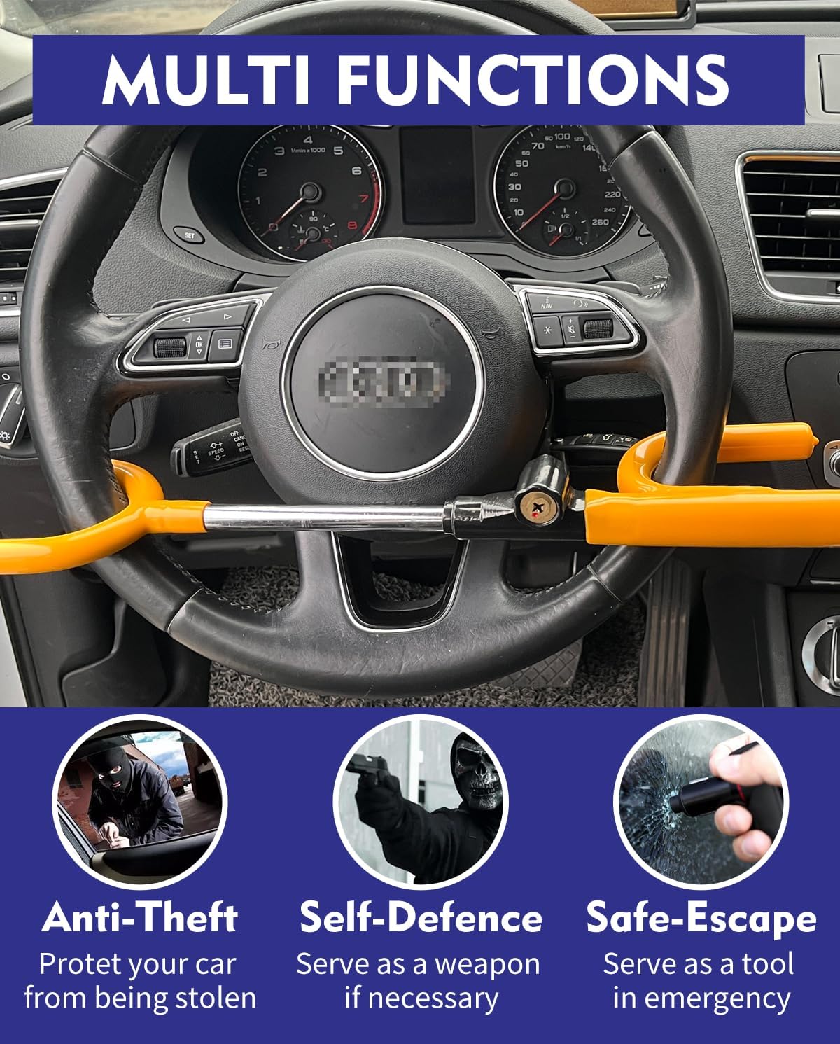 Steering Wheel Lock Anti-Theft car Device Car Wheel Locks Heavy Duty Vehicle Security Steering Wheel Lock for Truck Car Vehicles Van Lorry SUV with 4 Keys, Elongated Length MAX 30.5“ Yellow