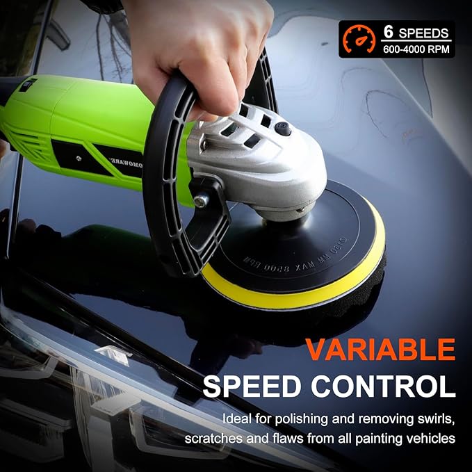 COMOWARE 1300W Professional Car Buffer Polisher - 6-Speed Adj. (600-4000 RPM) with 7"/6" Backing Plates, Auto Detailing Tool for Sanding/Waxing/Polishing by Professionals