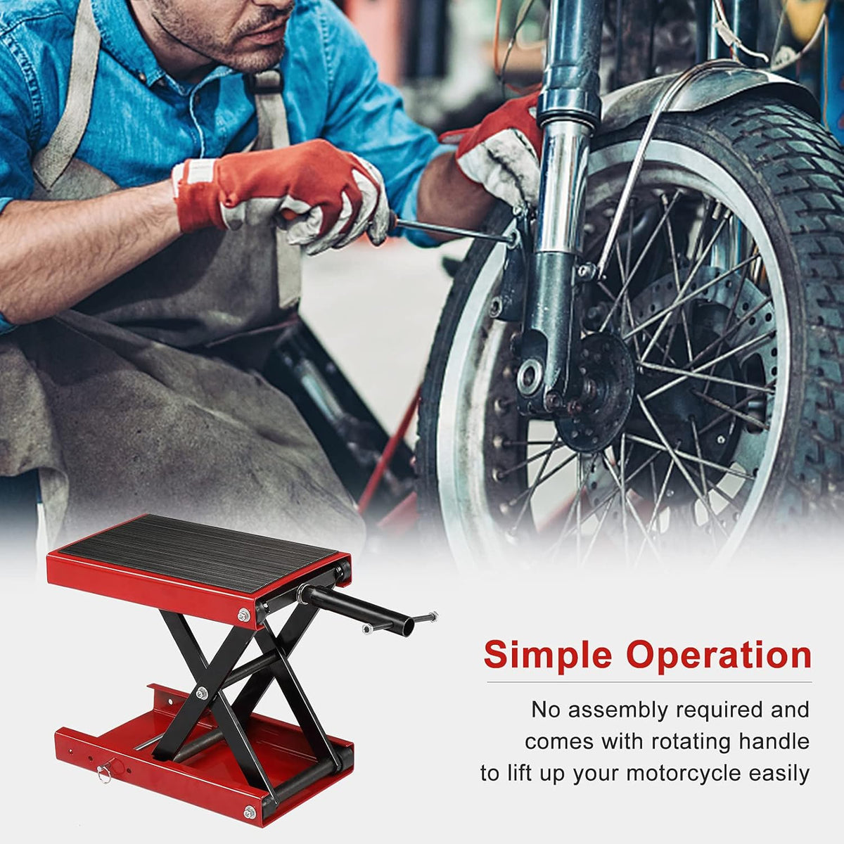 TUFFIOM 1100LBS Motorcycle Scissor Lift Jack,Height Adjustable with Rubber Top Surface & Safety Pin, Foldable Motorcycle Center Stand for Dirt Bike ATV, Red