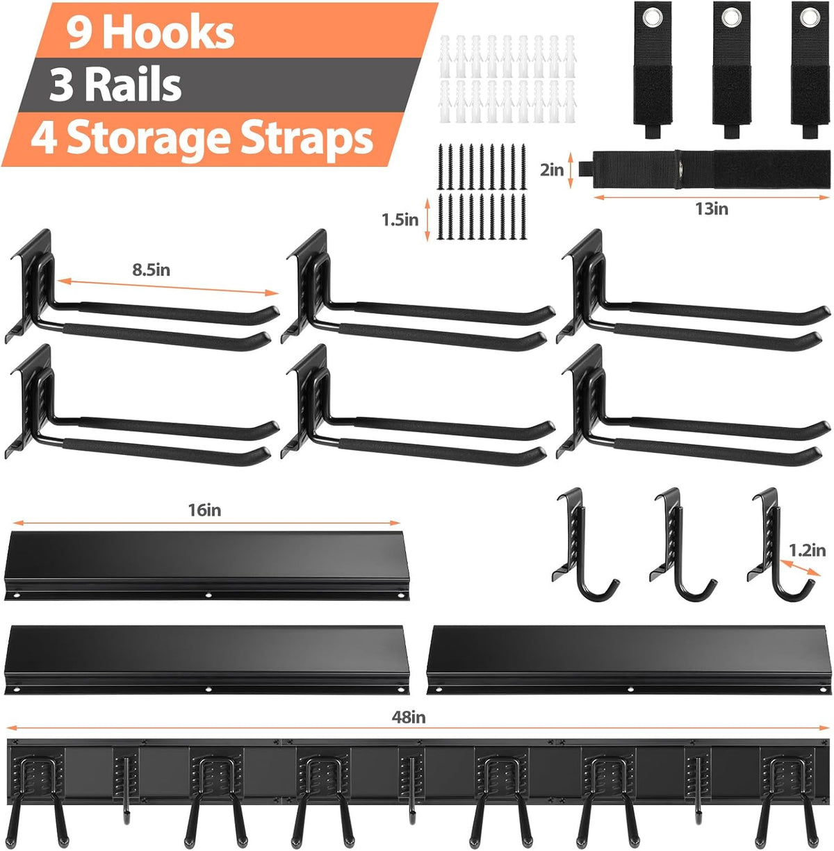 Garage Organzier Wall Mount, 48 Inch Garden Tool Organizer, 16PCS Heavy Duty Garage Storage Organization, Adjustable Tool Storage Rack Hooks, Yard Shed Tool Organizer Hold Max 450 lbs