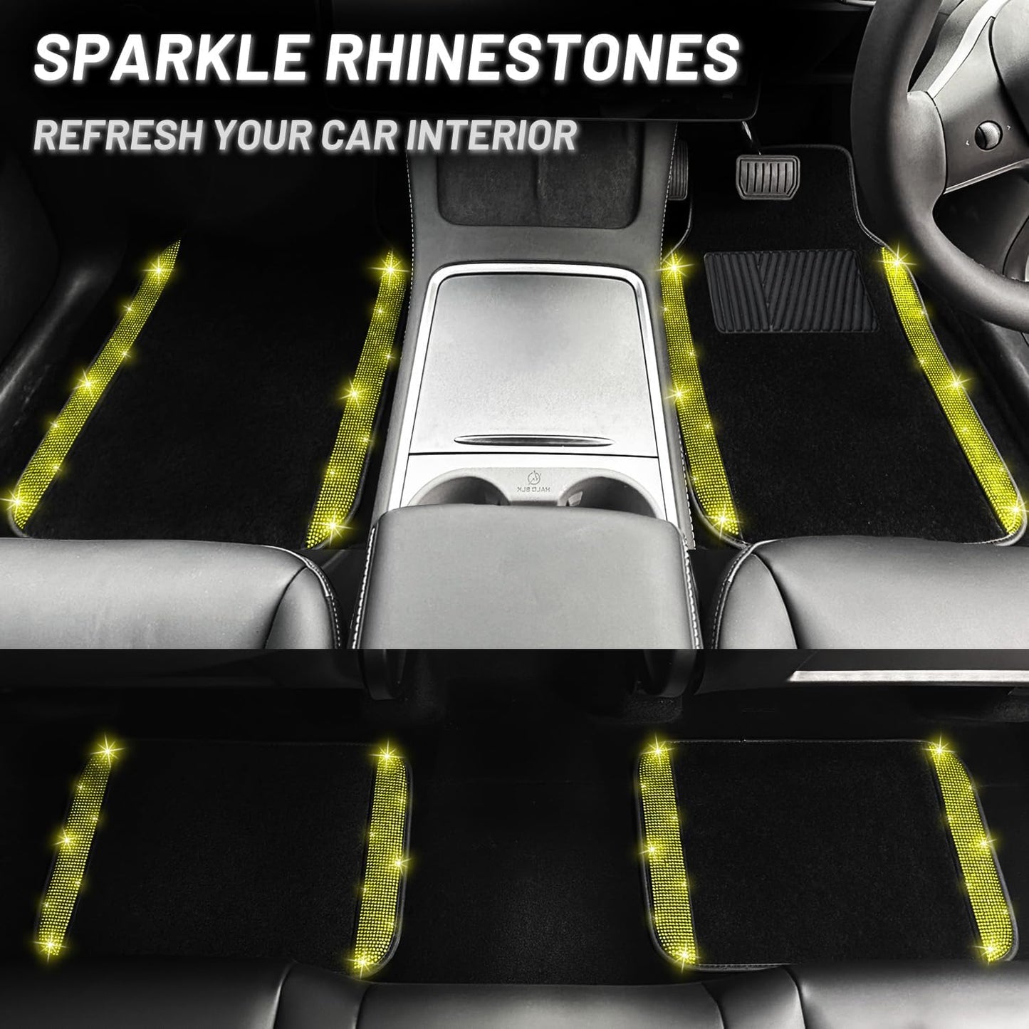 NBTEPEM Bling Car Floor Mats Full Set, Universal Fit Most Cars,SUV, Trucks, 4 pcs Sparkle Glitter Diamond Carpet for Women Girls with Anti-Slip Pad (Yellow Diamond)