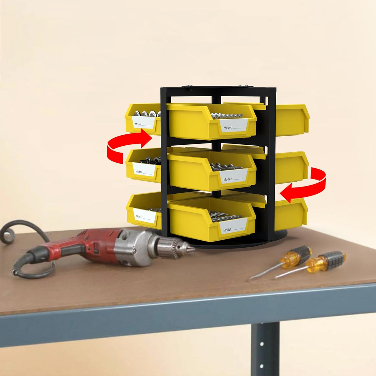 UNITEDPOWER Rotating Storage Bins, Tool Organizer, Hardware Crafts, Small Parts, Nuts and Bolts, Revolving 12 Bins Storage for Workshop, Shed, Garage, Home
