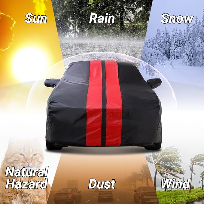 iCarCover Custom Car Cover Compatible with Mustang 1979-2004, Waterproof All Weather Rain Snow UV Sun Protector Full Exterior Indoor Outdoor Car Covers, Stripe (Black/Red)