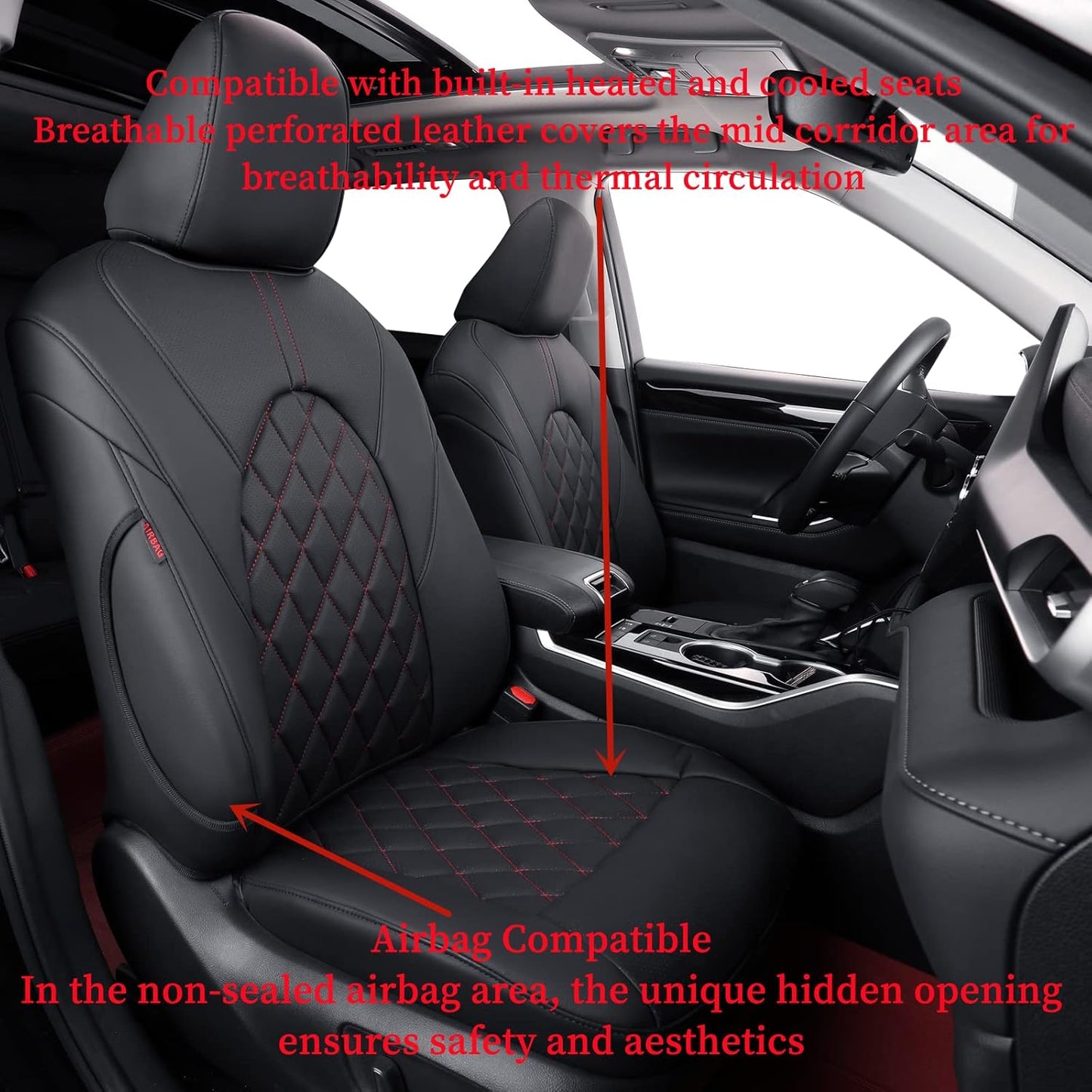 coverdream Camry Seat Covers Custom Fit for 2012-2017 Toyota Camry L, LE,XLE,Full Coverage Waterproof Leatherette Car Seat Protector (Full Set,Black/Red)