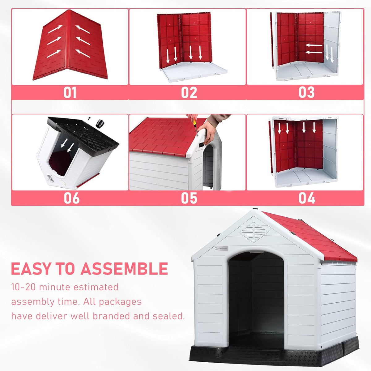 LEMBERI Durable Waterproof Plastic Dog House for Small to Large Sized Dogs, Indoor Outdoor Doghouse Puppy Shelter with Elevated Floor, Easy to Assemble (Red, 34''L*31''W*32''H)