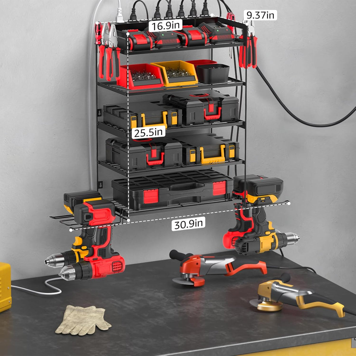 CCCEI Garage Tools Storage with Charging Station. Power Tool Battery Organizer Utility Shelf with Power Strip. 4 Drills Holder Wall Mount Rack, Black 5 Layer.