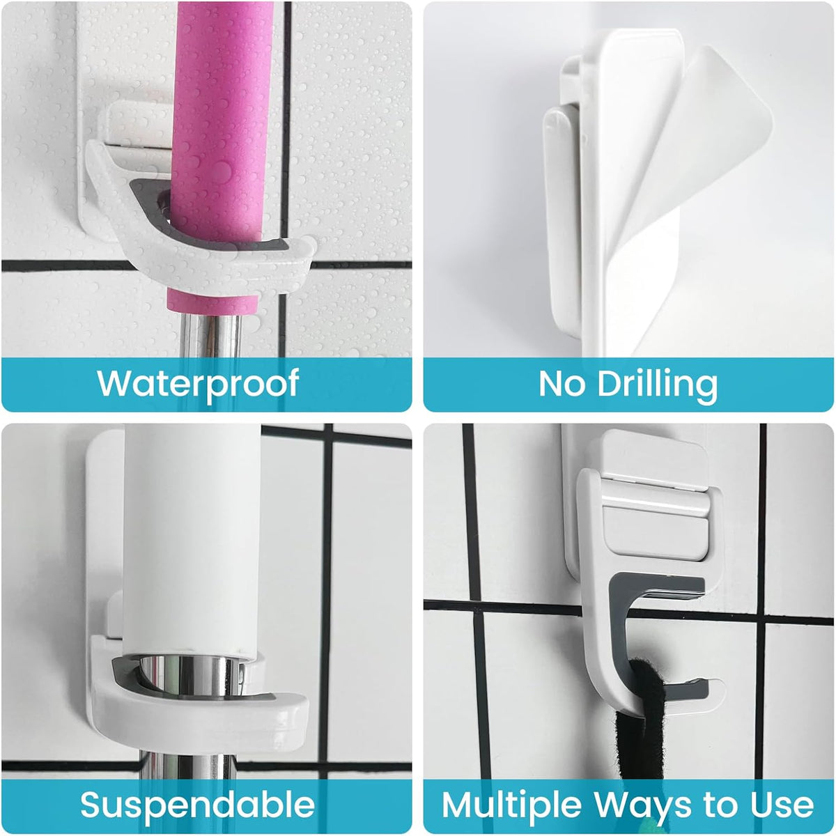 Broom Holder Wall Mount, 6 Pack Broom and Mop Organizer Wall Hanging Self Adhesive, No Drilling, Anti-Slip Broom and Mop Hanger Wall Mount Cleaning Ideal for Bathroom, Kitchen, Garden, Garage