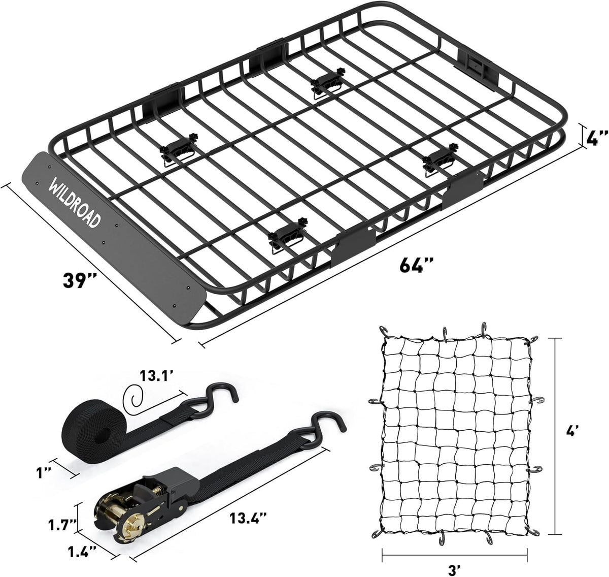 WILDROAD Car Roof Cargo Carrier Combo of Upgraded 64"x 39"x 4" Roof Rack Cargo Basket, Super Duty Bungee Cargo Net. Universal Car Top Luggage Holder Carrier Basket Fits for SUV Truck Cars