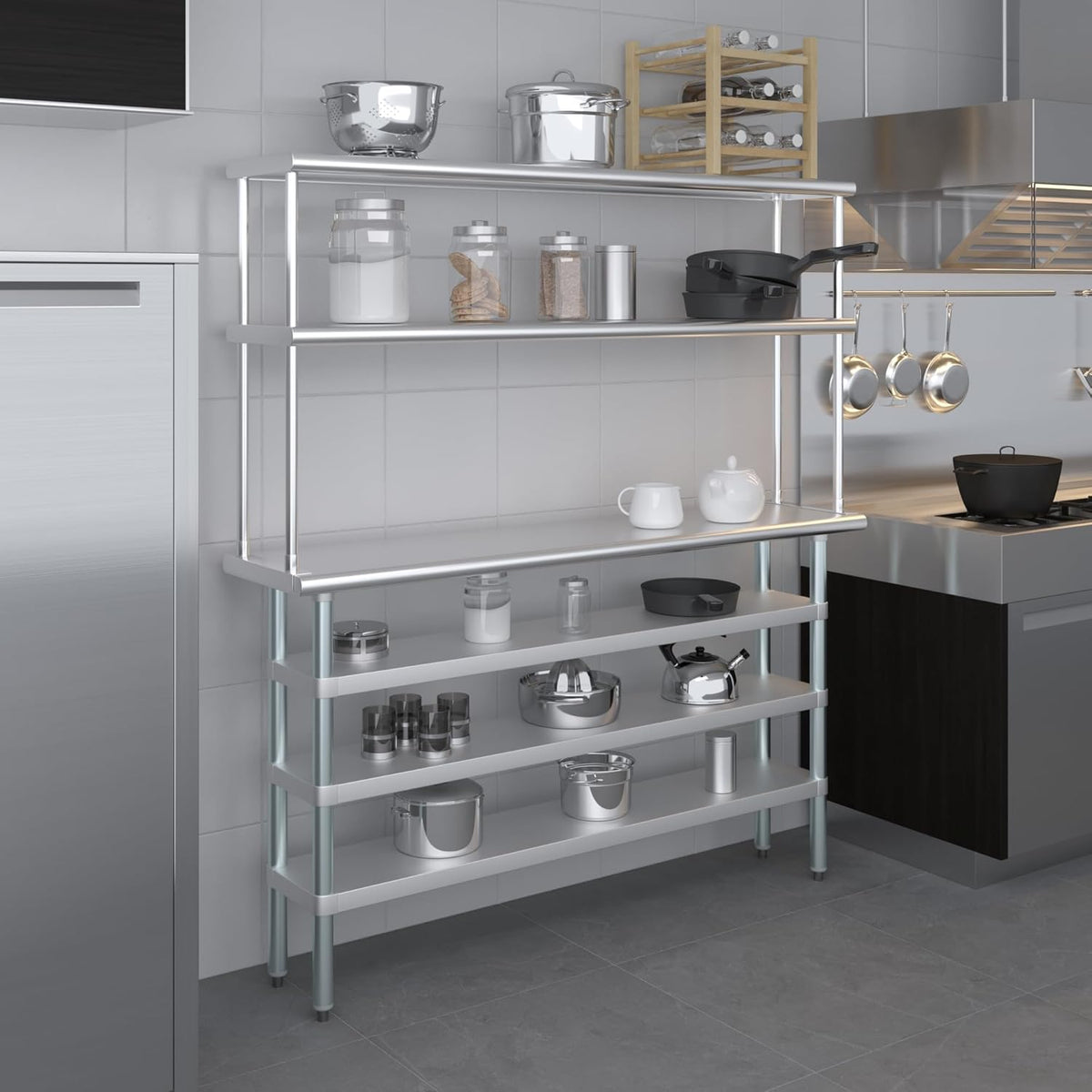 Amgood 14" x 60" Stainless Steel Work Table with 3 Shelves and 12" Wide Double Tier Overshelf | Metal Kitchen Prep Table & Shelving Combo | NSF