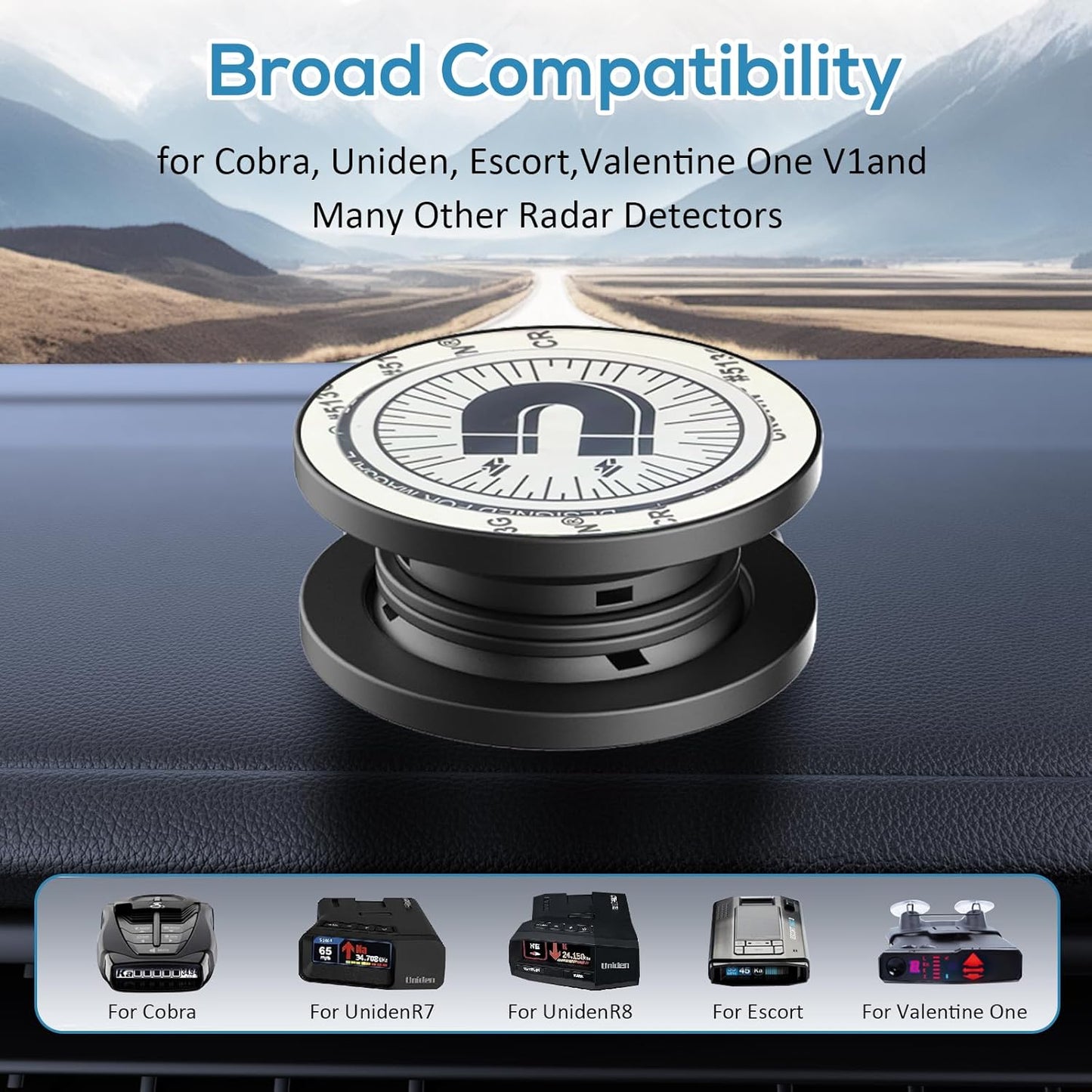 Magnetic Radar Detector Dashboard Mount - Adhesive Holder for Escort,Cobra,Uniden, Valentine One,All Radar Models - Anti-Vibration Stable Fit, Unobstructed View Design - Universal Car Accessory