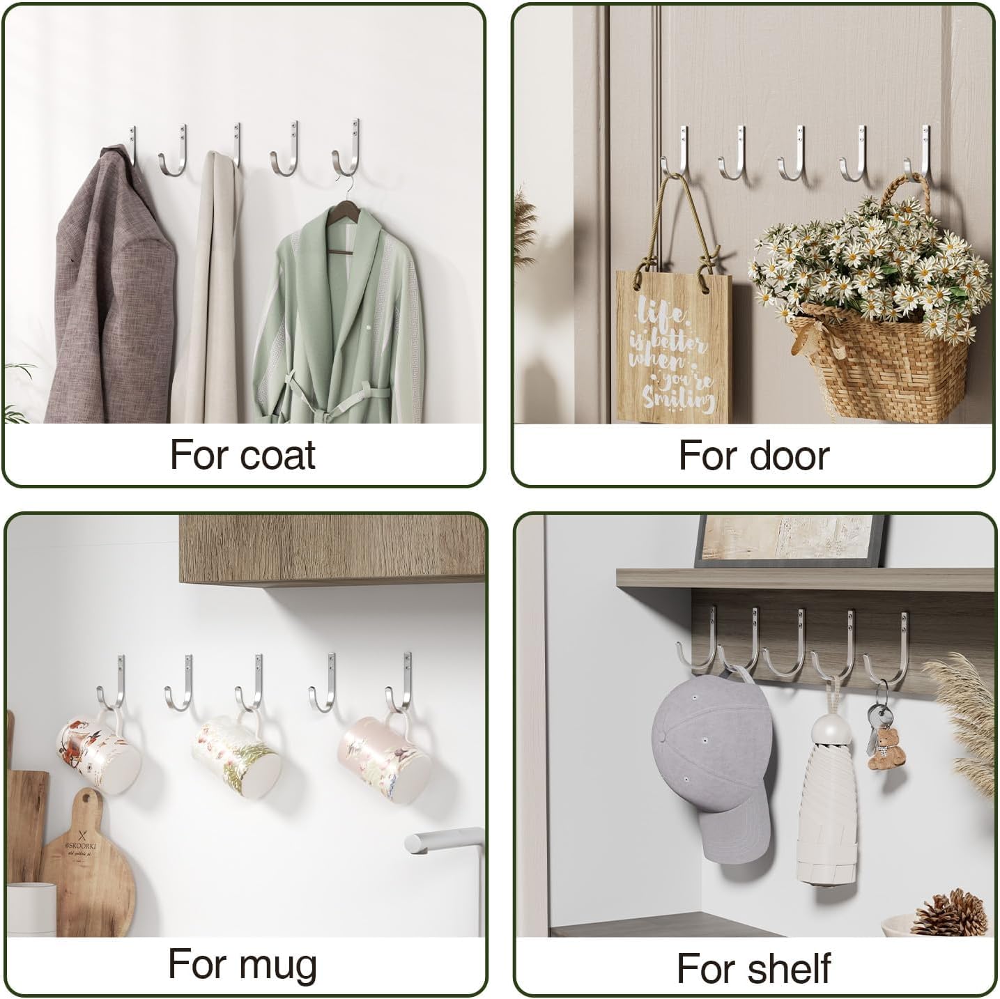 10-Pack Wall Hooks for Hanging Towel/Coat - 22LB Screw in Metal Hanger Wall Mount, for Outdoor, Closet, Door, Bathrooms, for Backpack, Robe, Silver