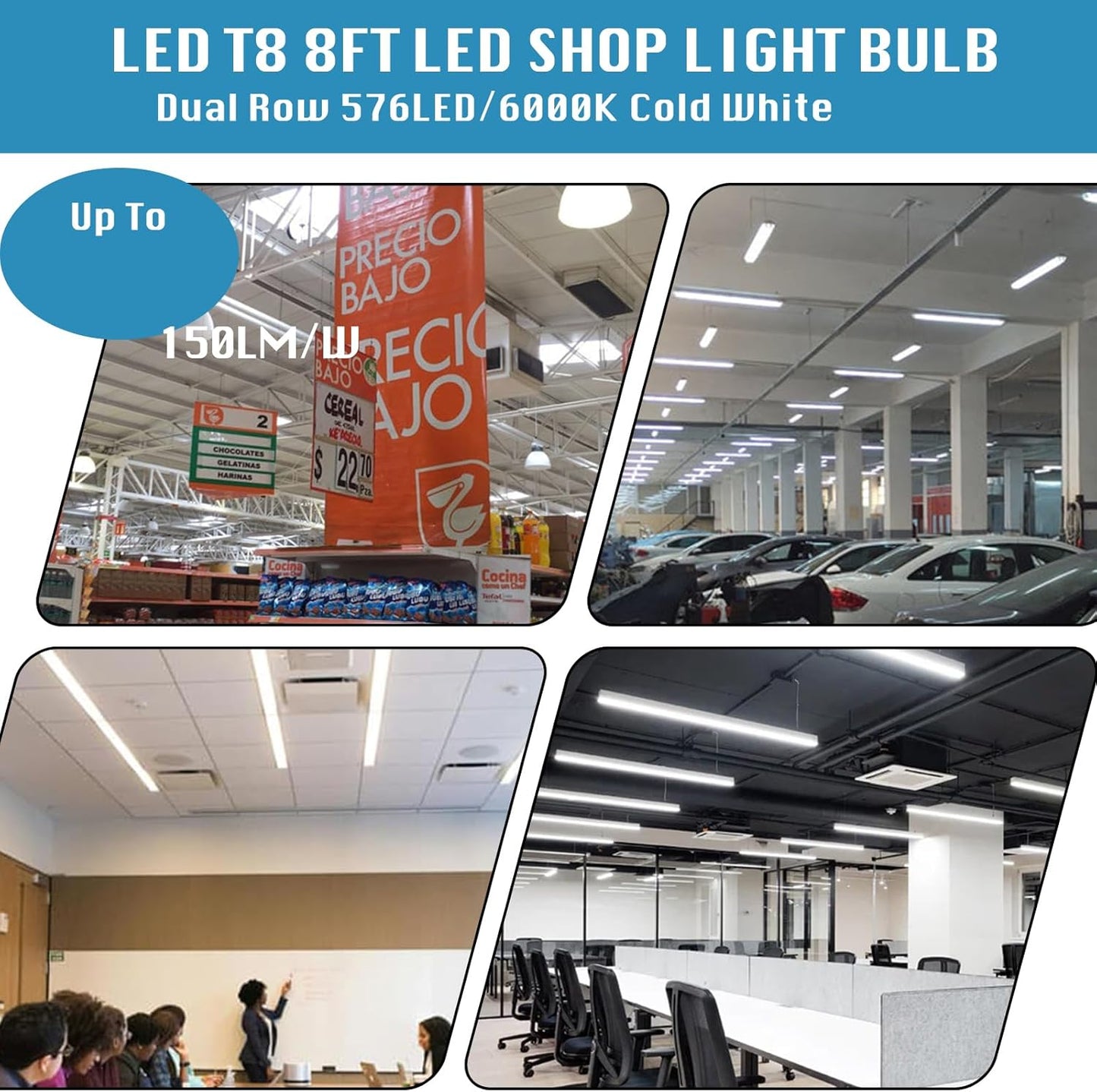 4-Pack, 8 Foot LED Bulbs, 100W 15000lm 6000K Cold White, Super Bright, T8 T10 T12 LED Tube Lights, FA8 Single Pin LED Lights, Frosted Cover, 8 Foot LED Bulbs to Replace Fluorescent Light Bulbs