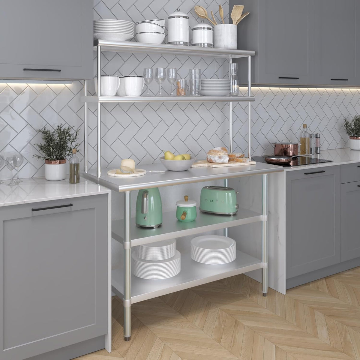 Amgood Stainless Steel Work Table with 2 Shelves | Metal Kitchen Prep Table & Shelving Combo (24" x 48" Table with 2 Shelves + 12" Overshelf)