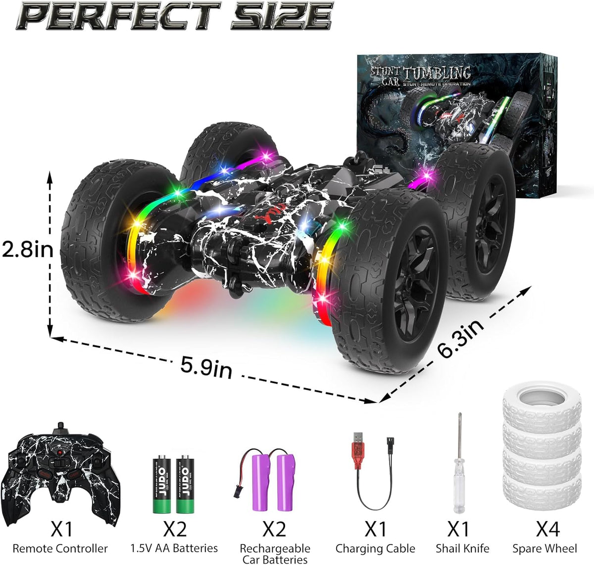 Rc Cars Toys for Boys Remote Control Car 2.4 GHz Black Toys for Ages 5-7 Kids Toys New Upgraded Strip Lights 360° Rotating Rc Truck Birthday (Black)
