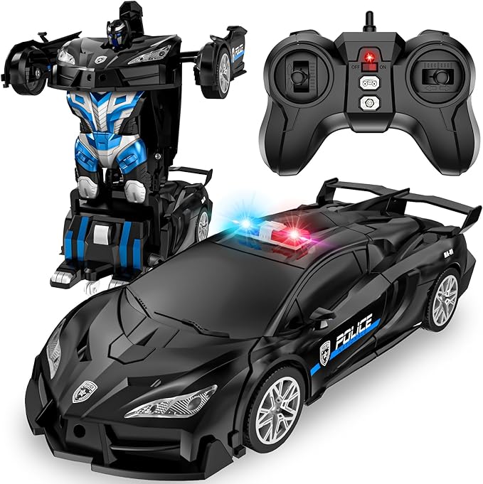 Remote Control Car for Boys 4-7, 2.4GHz RC Car 1:18 Scale, One-Button Transforming Toy with 360° Spins, LED Lights(Black)