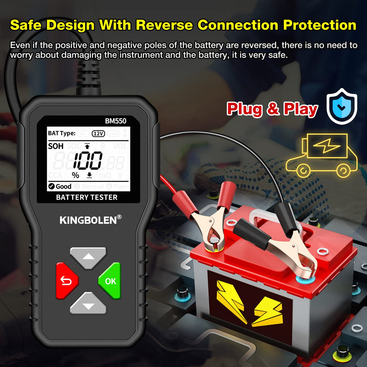 KINGBOLEN BM550 6V 12V 24V Car Battery Tester, 100-2000 CCA Voltage Tester 2Ah-220Ah Internal Resistance Tester Accurate Digital Auto Battery Analyzer for Cars Trucks SUV ATV Boats Motorcycles Vehicle
