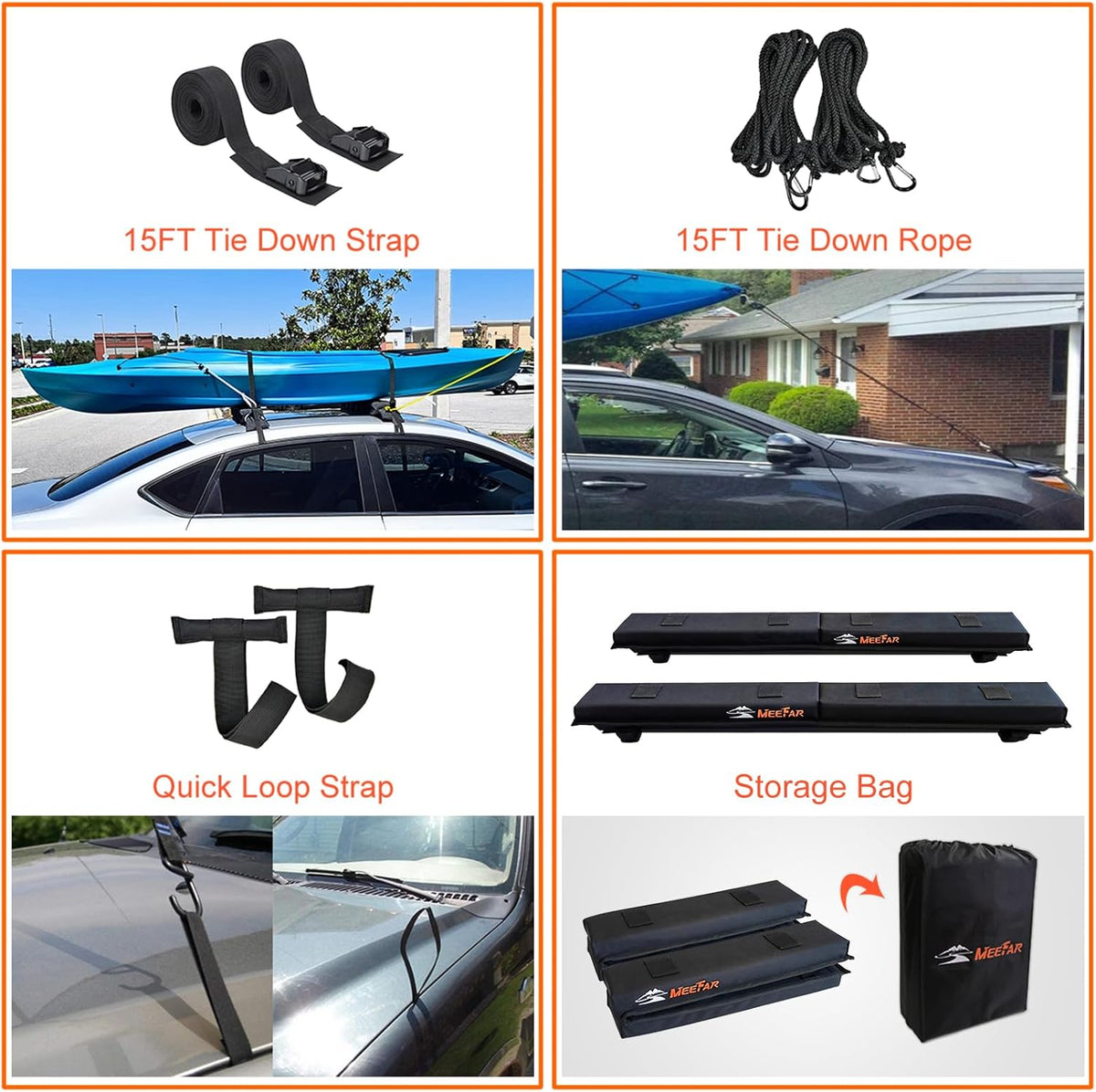 MeeFar Universal Roof Rack Pads Fit on Cross Bars - for Kayak/Surfboard/SUP/Canoe with 2 Heavy Duty Tie Down Straps, 2 Tie Down Rope, 2 Quick Loop Strap and Storage Bag
