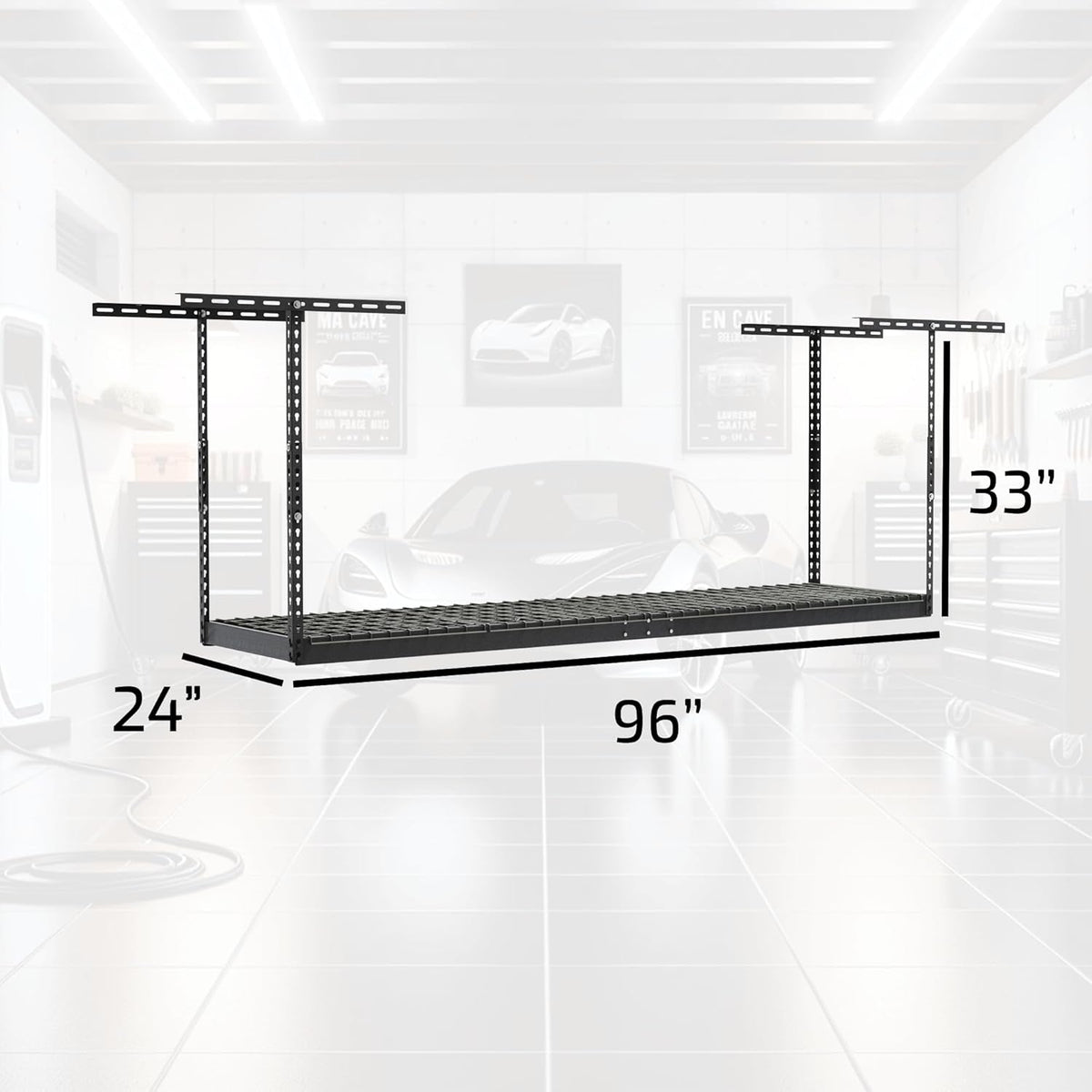 MonsterRax Overhead Garage Storage Rack 2x8, Ceiling Mounted Shelving, Adjustable Hanging Organizer, Heavy Duty Steel, 350 Pound Capacity, Color: Hammertone, Adjusts 18-33" from Ceiling