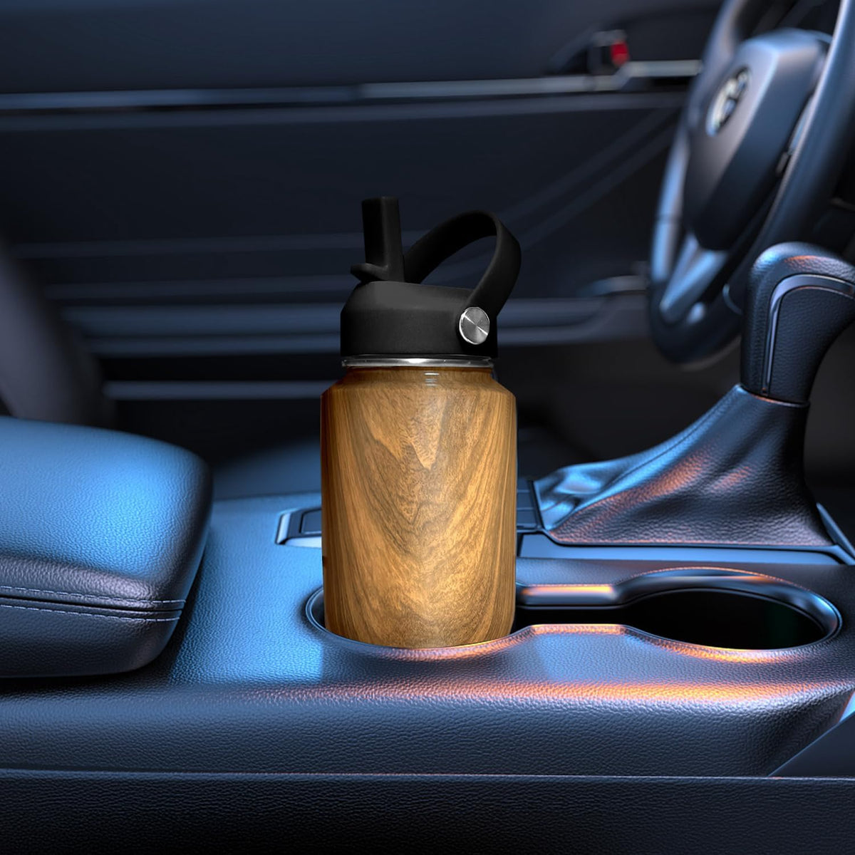 SENDESTAR 40oz Stainless Steel Water Bottle(Cold for 48 Hrs, Hot for 24 Hrs),Double Wall Vacuum Insulated Bottle with Straw Lid, Spout Lid and Flex Cap, Fit in Any Car Cup Holder TXIN-40-Wood