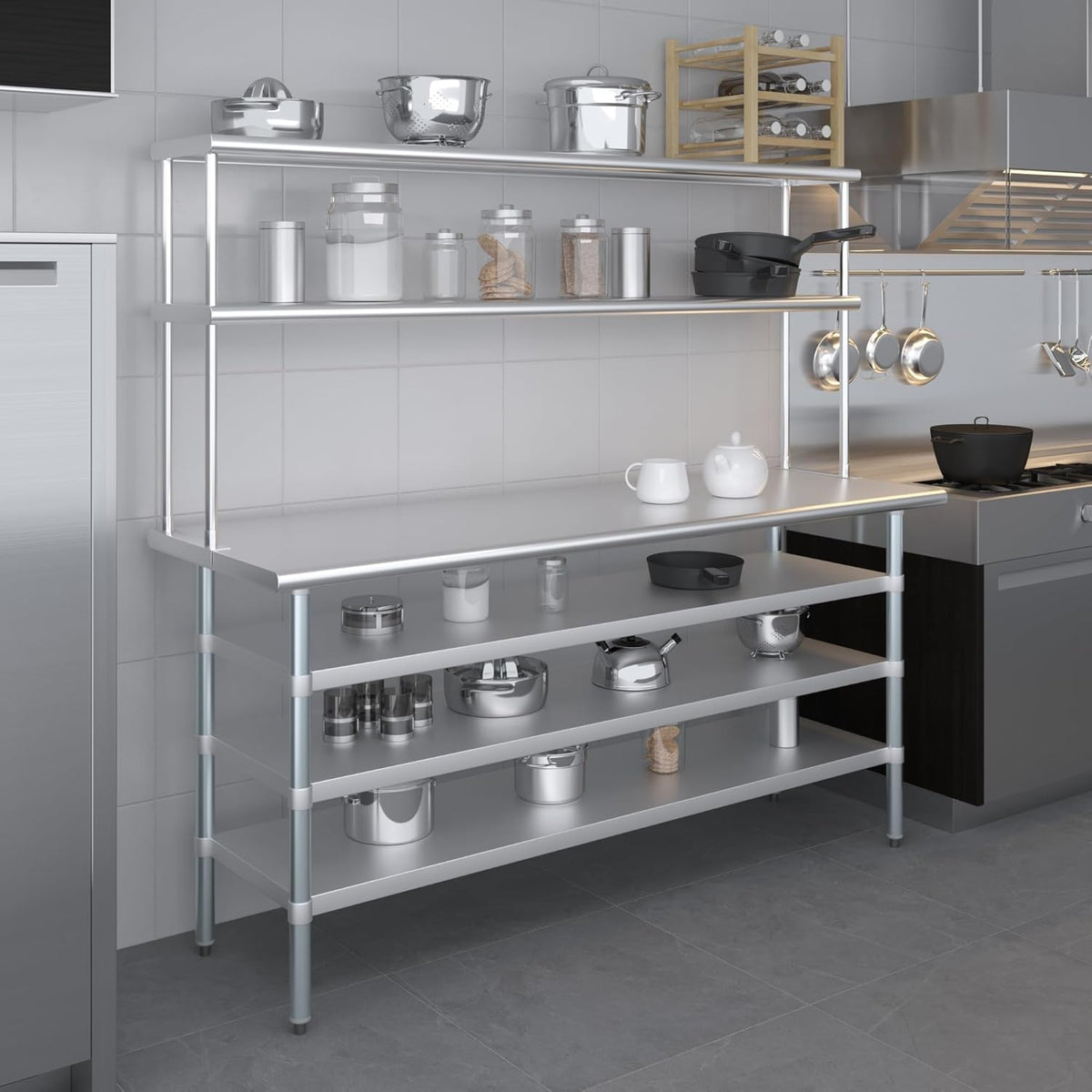 Amgood 24" x 72" Stainless Steel Work Table with 3 Shelves and 12" Wide Double Tier Overshelf | Metal Kitchen Prep Table & Shelving Combo | NSF