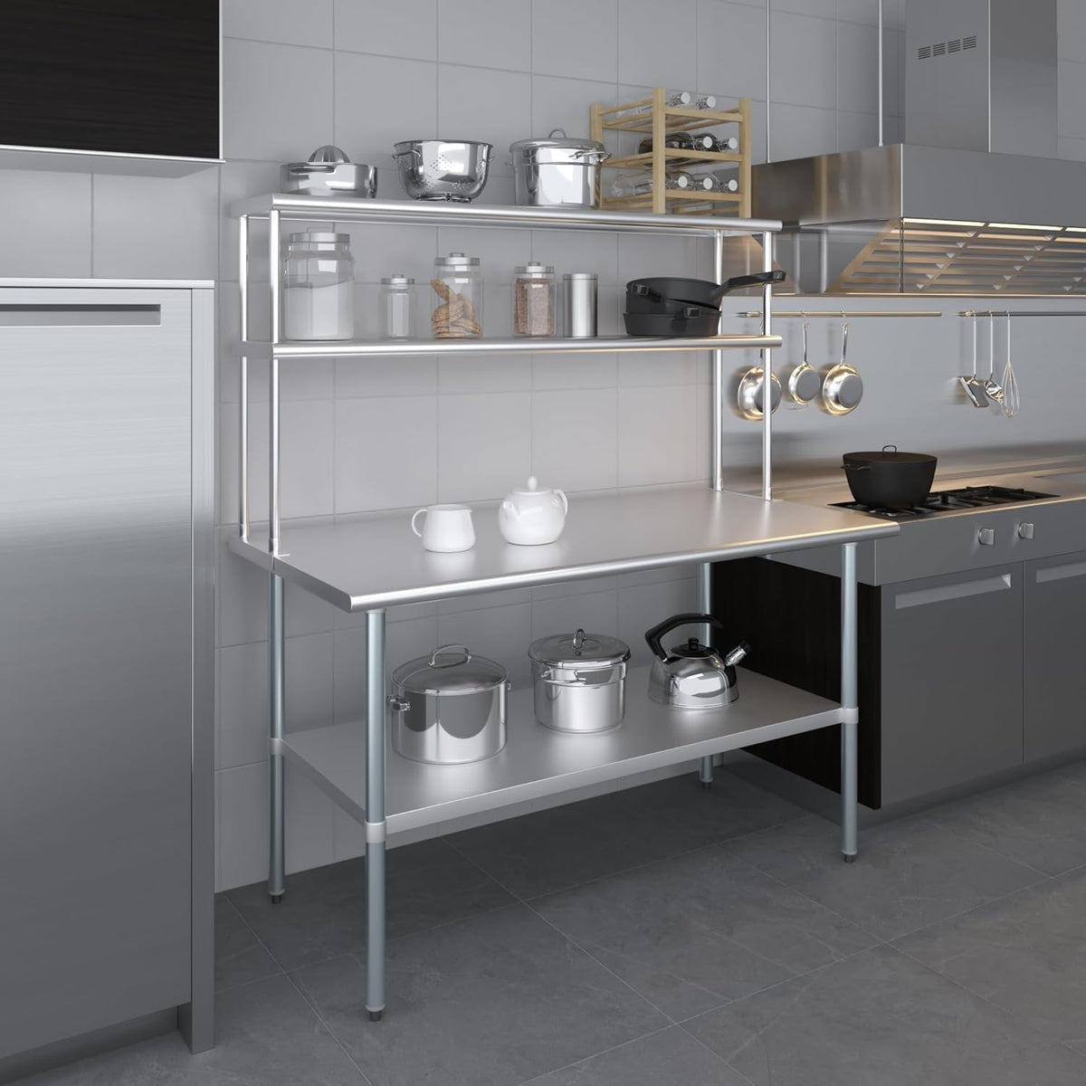 Amgood Stainless Steel Work Table Double Tier Overshelf | Metal Kitchen Prep Table & Shelving Combo (30" x 60" Work Table + 12" Overshelf)