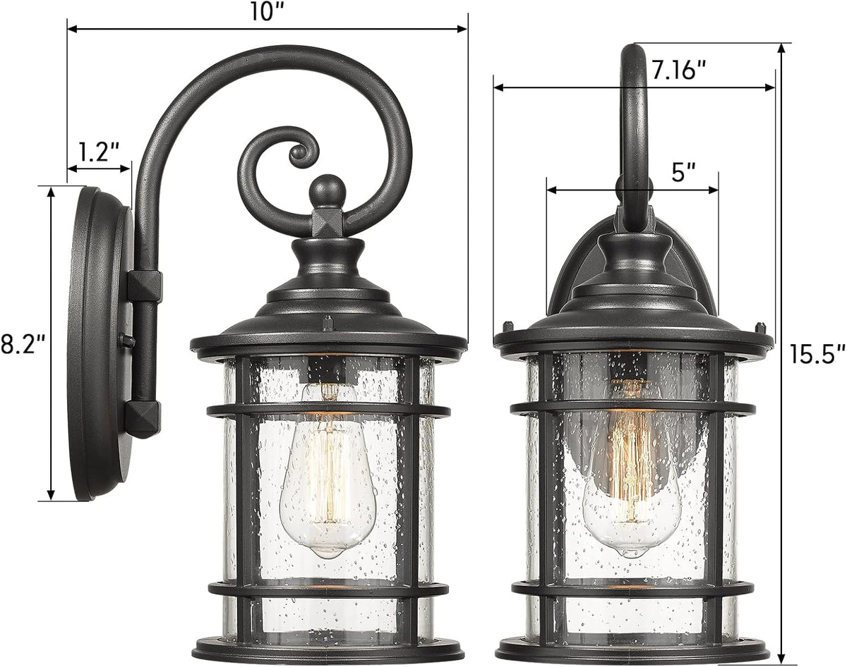 Emliviar Modern Outdoor Wall Lantern - Exterior Carriage Light for Garage Front Porch with Seeded Glass Shade, 15.5 Inch Height, Black Finish, XE229B BK