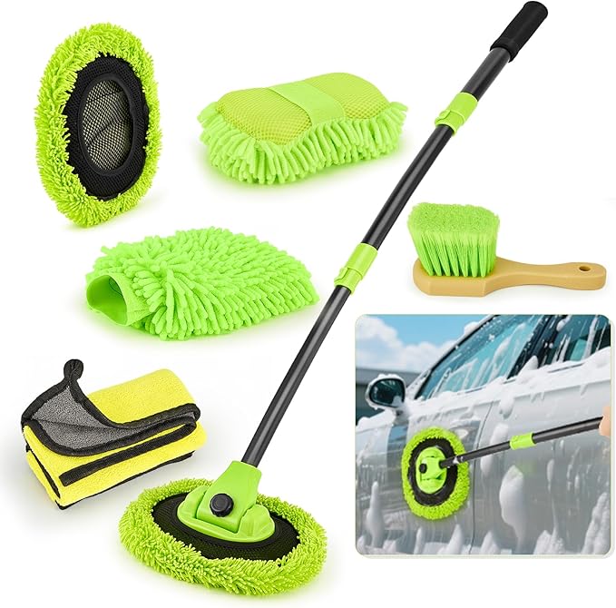 Car Wash Brush with Long Handle - 15° Curved Extendable Car Wash Mop,Soft Car Washing Brushes with Extra Microfiber Mop Head for Truck SUV Cleaning Not Hurt Paint Scratch Free