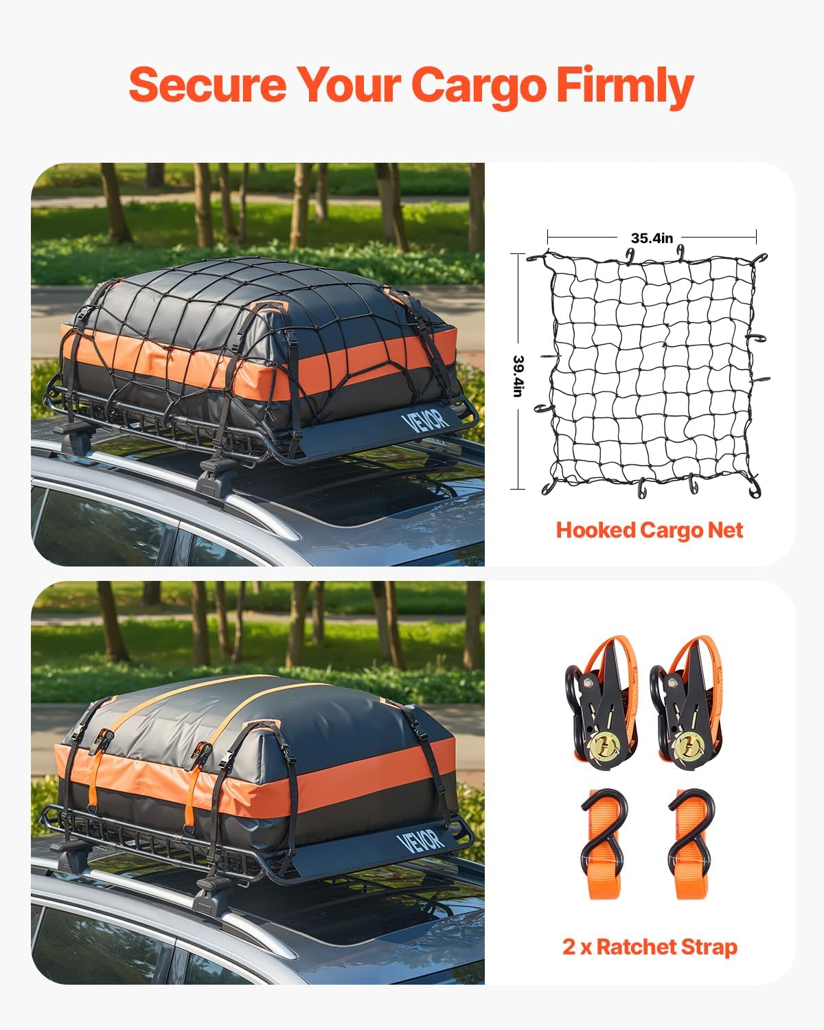 VEVOR Roof Rack Basket, 51 x 36 x 4.1 in, Universal Rooftop Cargo Carrier with 1120 x 870 x 260 mm Cargo Bag, Net, Ratchet Straps, 200 lbs Max Load Capacity Car Top Luggage Holder, for SUV Truck Car