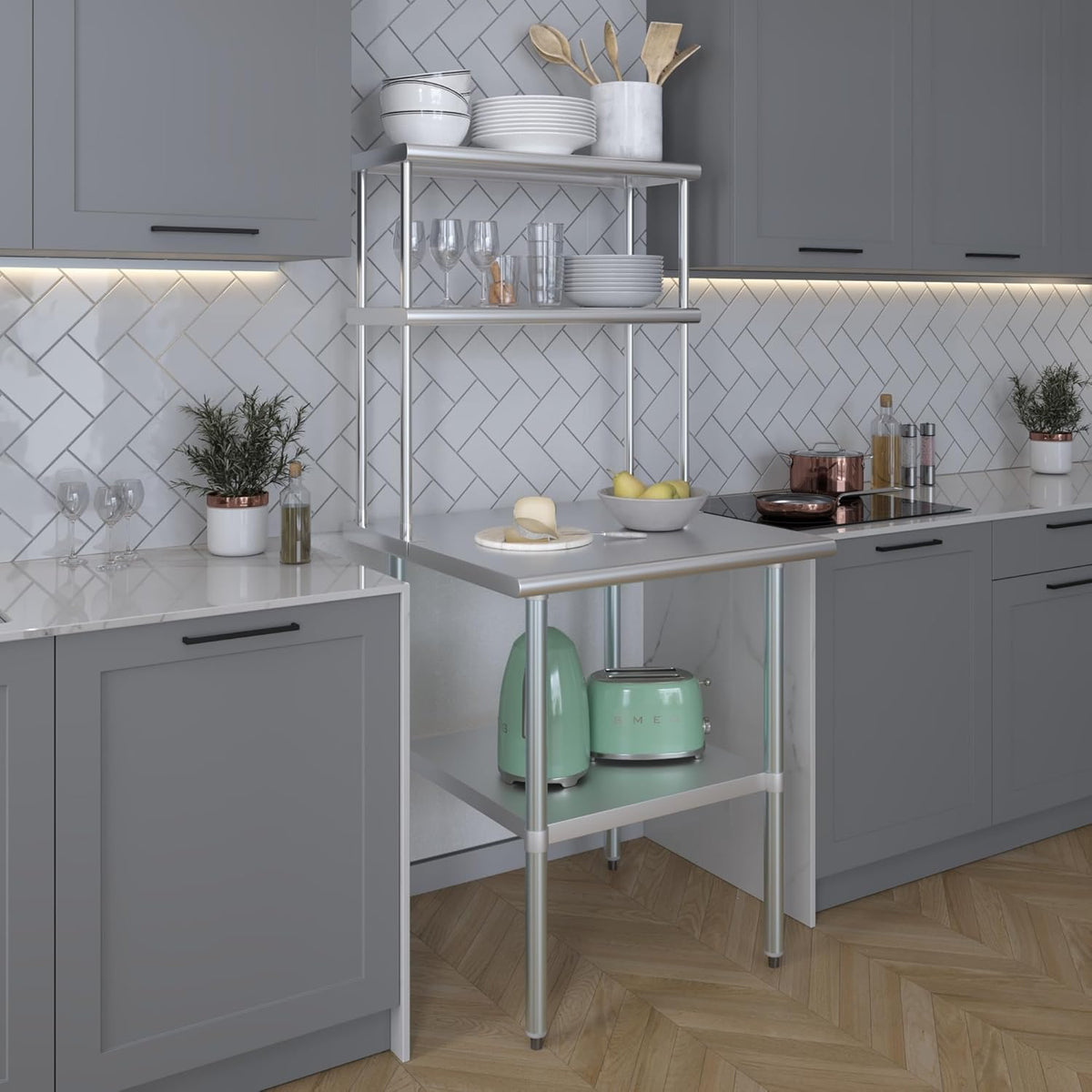 Amgood Stainless Steel Work Table Double Tier Overshelf | Metal Kitchen Prep Table & Shelving Combo (30" x 30" Work Table + 12" Overshelf)