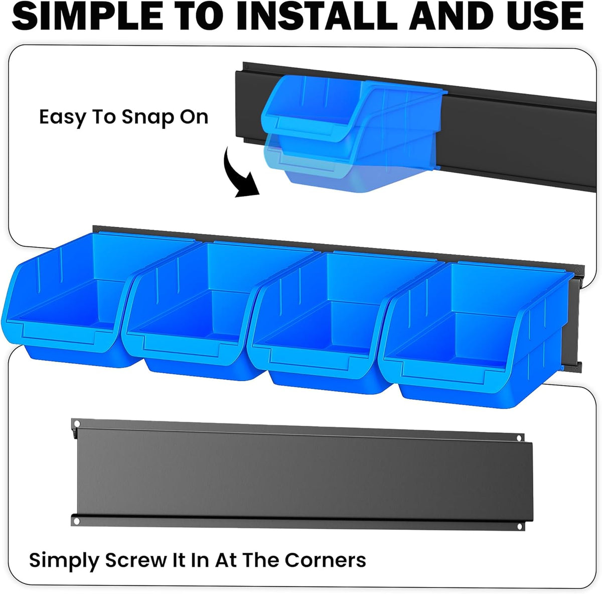 Ultrawall Wall Mounted Storage Bins, Plastic Hanging Storage Organizer Bins, Garage Tool Storage System for Screws, Nuts, Bolts, Nails, and Small Hardware Parts, 16x bins & 4 x rails, Blue
