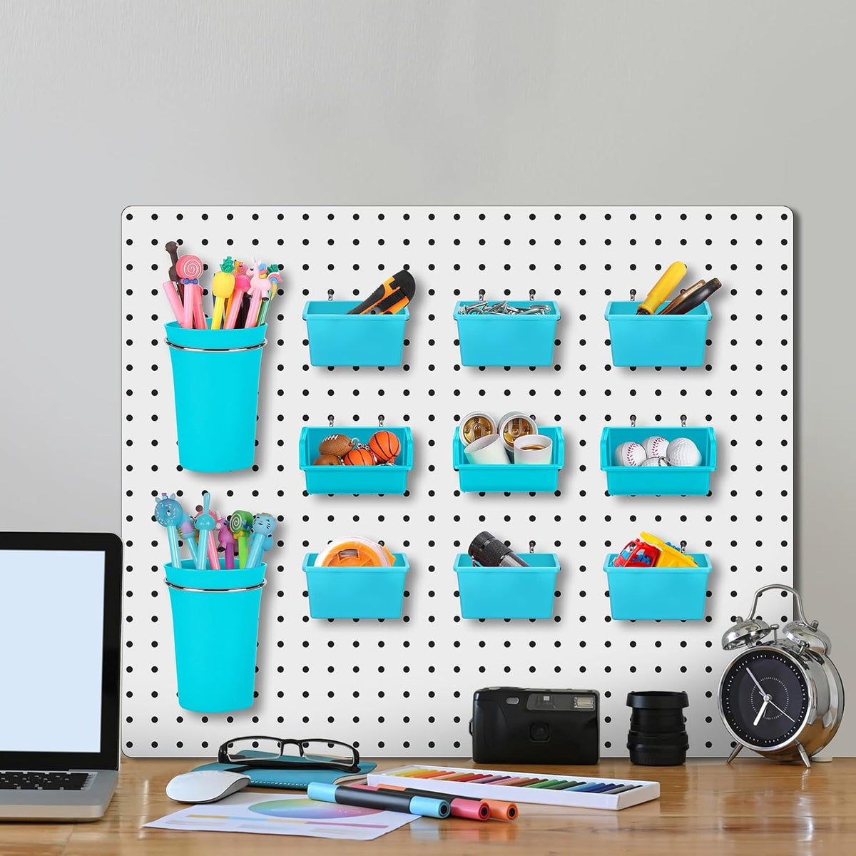 Yookeer 20 Pcs Pegboard Bins and Cups with Hooks and Loops Peg Assortment Organizer Accessories Various Tool Organizer Pegboard Baskets Set for Garage Workshop Workbench Office(Blue)