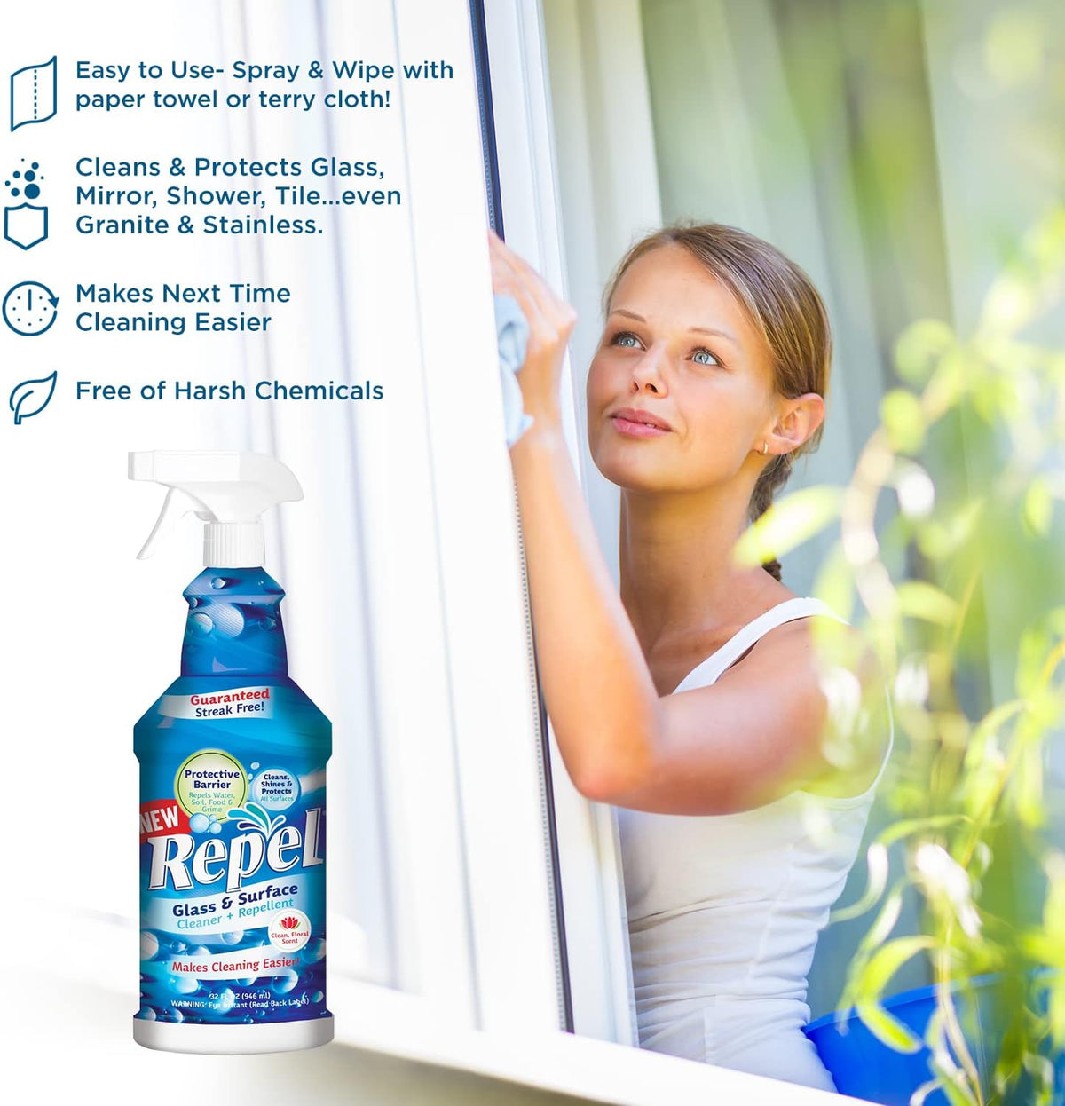 Clean-X REPEL Glass & Surface Cleaner 32 fl. oz. - Cleans & Repels water spots and dirt on glass, mirror, tile and multi surface by UNELKO (3)