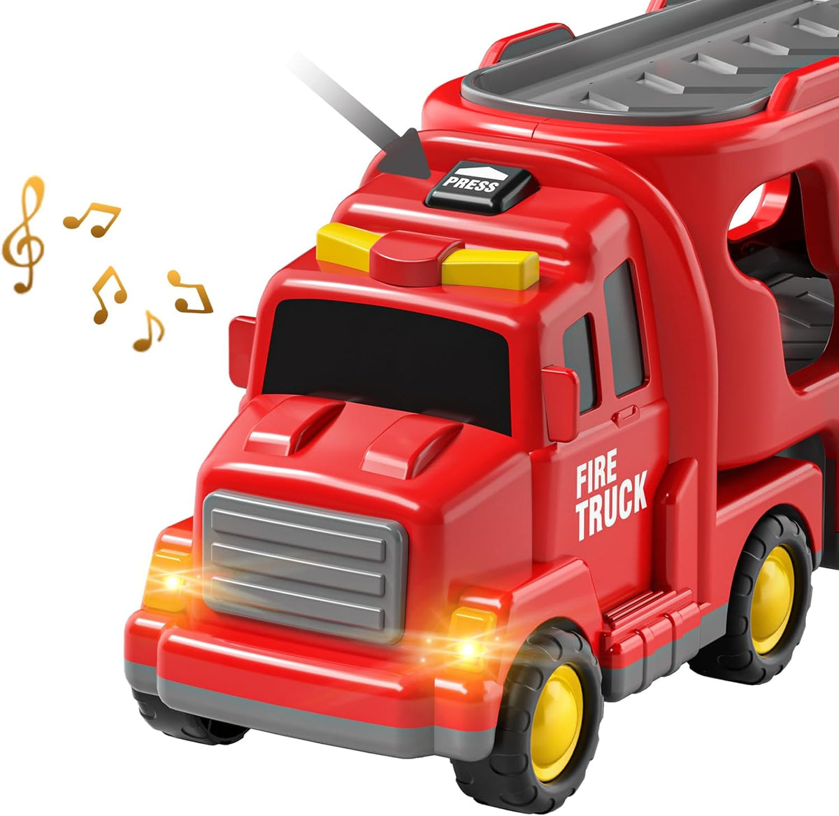 TEMI Fire Toys for 3 4 5 6 Years Old Boys Girls - 5 in 1 Carrier Truck Transport for Toddlers 1-3, Friction Powered Vehicles for Kids 3-5, Christmas Birthday Gifts - Age 3-9