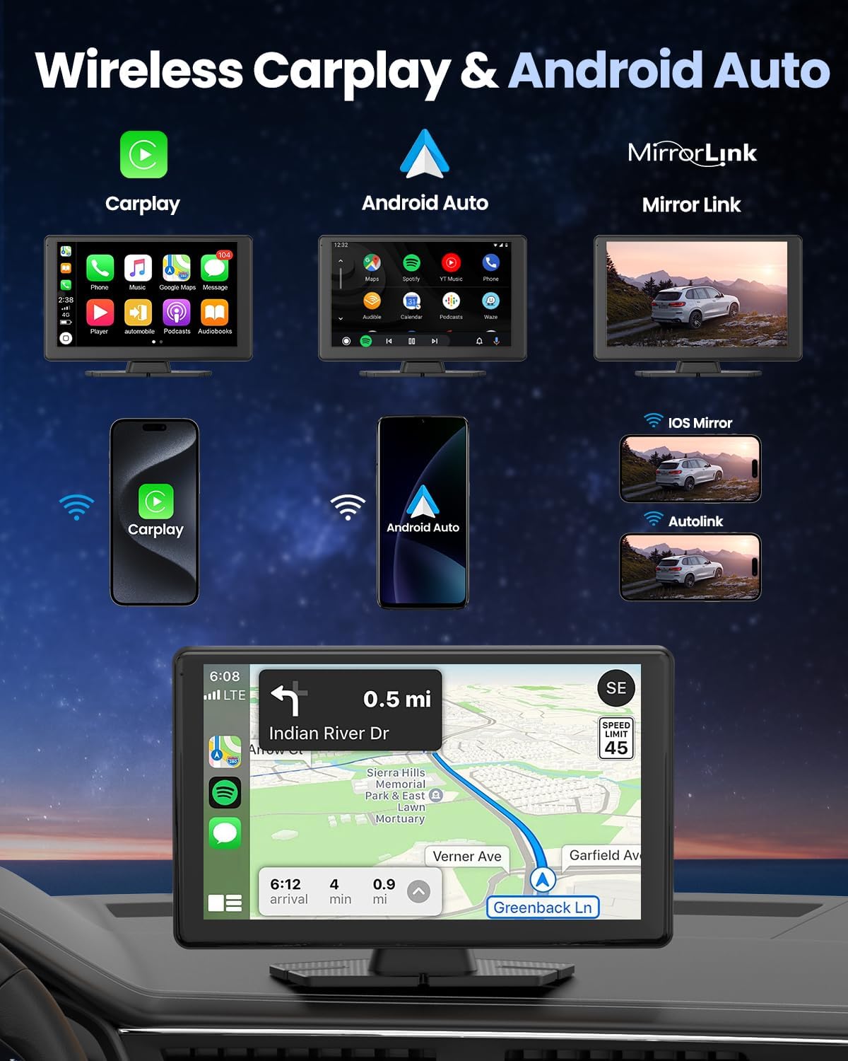 Wireless Carplay Screen for Car with 5K Dash Cam, 9" Portable Apple CarPlay & Android Auto Car Stereo with 1080p Backup Camera, Bluetooth/GPS Navigation/Voice Control/Mirror Link