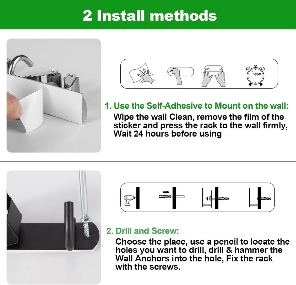 voze 2 Racks and 3 Hooks Mop and Broom Holder Wall Mount, Self Adhesive Heavy Duty Broom Organizer Storage Tool Racks for Kitchen Garden Laundry Garage