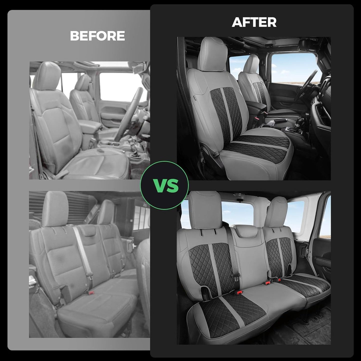 for Jeep Wrangler Seat Covers 4Door JL 2018 2019 2020 2021 2022 2023 2024 2025, Custom Fit Car Seat Cover Full Set, Luxury Waterproof Leather Seat Protectors, Gray Black, W/O Rear Cup Holder