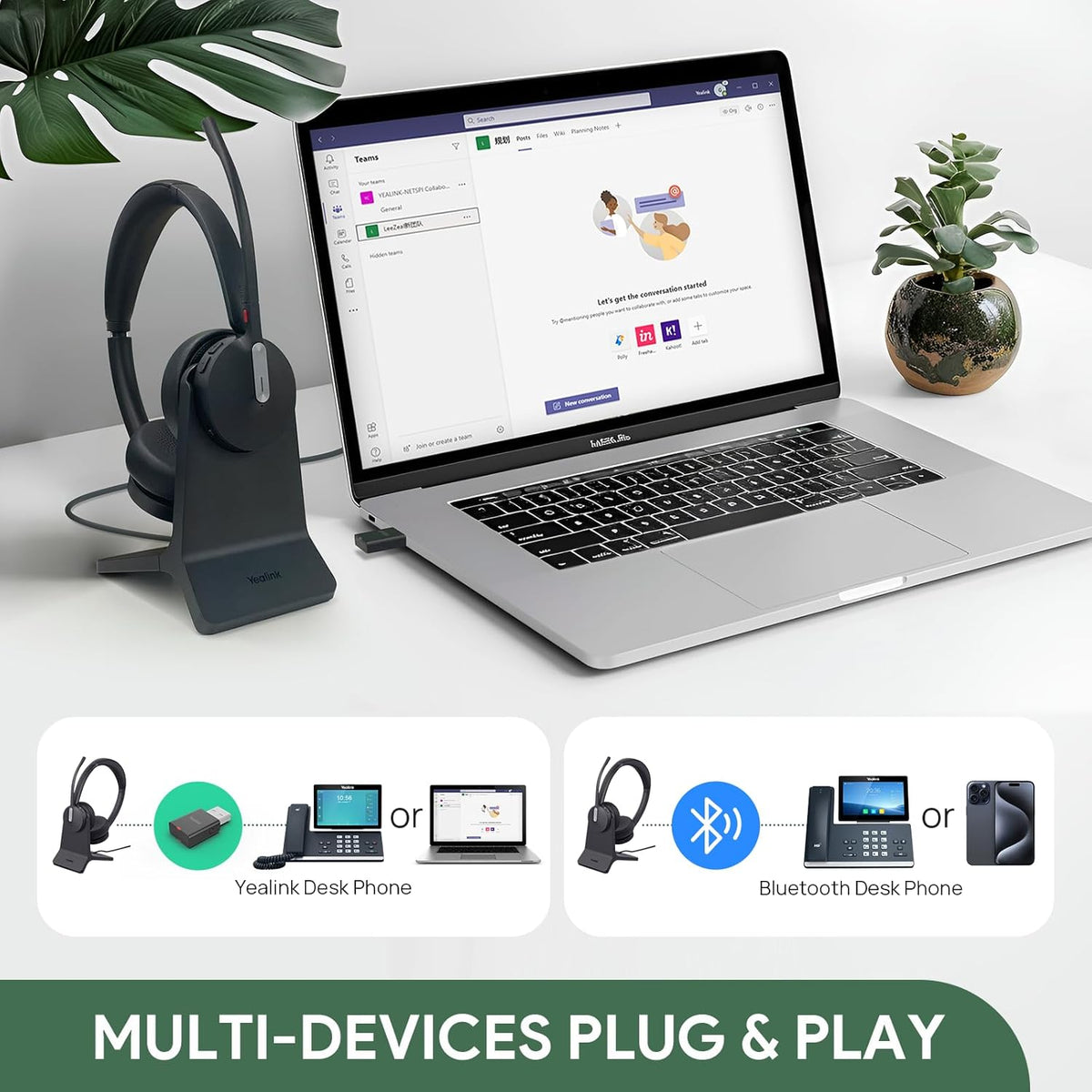 Yealink WH64 Hybrid DECT& Bluetooth Wireless Headset, 492ft Range Mono Teams UC Headphones with DECT Dongle & Charging Stand, 3X Mic, 26H Talk Time,Portable Single Headsets for PC,Cellphone,Laptop