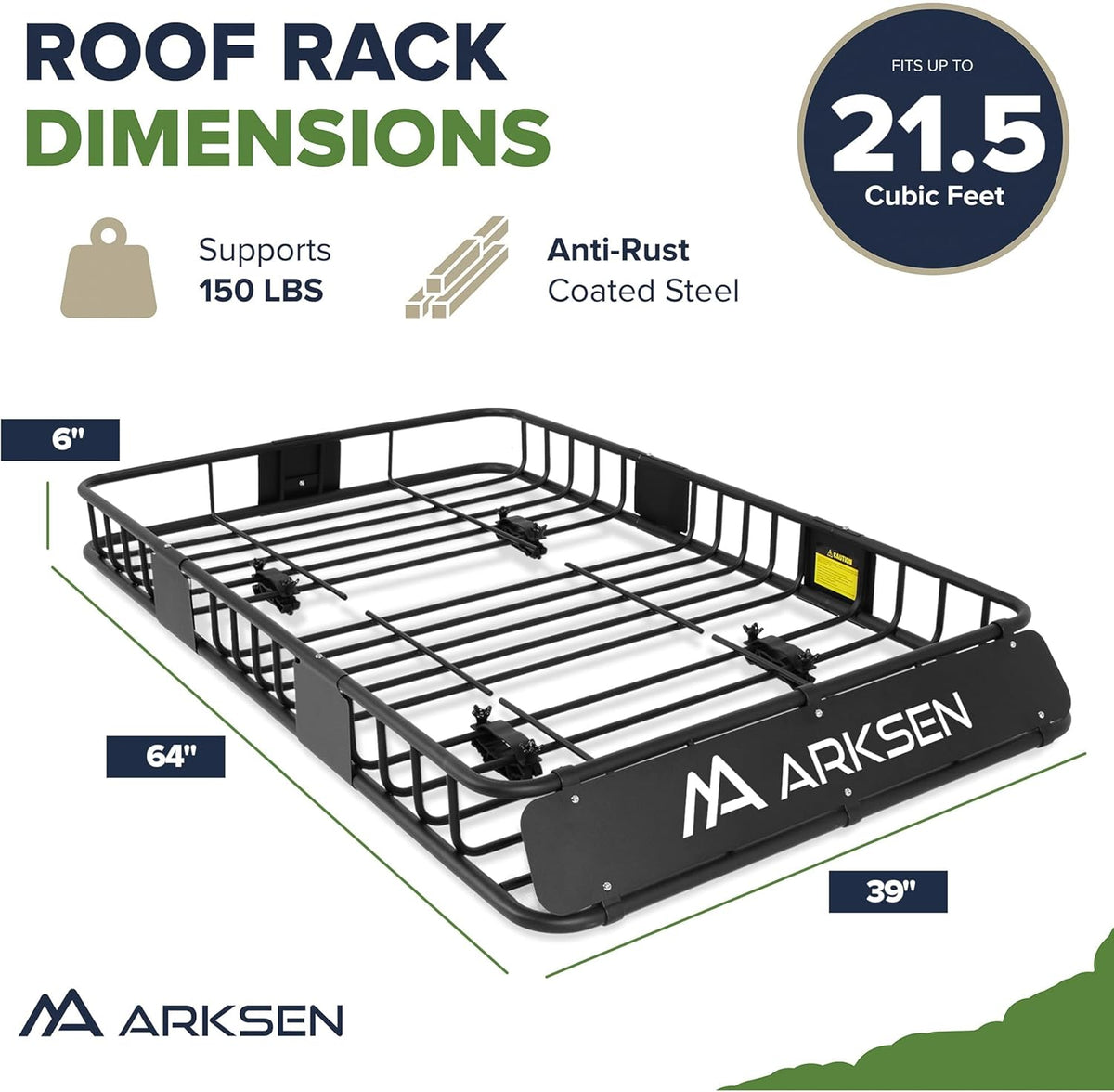 ARKSEN 64 x 39 x 6 Inch Universal 150LB Heavy Duty Roof Rack Cargo with Cargo Net, Car Top Luggage Holder Carrier Basket with Extension for SUV, Truck or RV Camping Storage Steel Construction