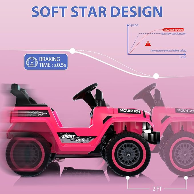 12V Kids Ride On Truck Car, Battery Powered Electric Vehicles with Remote Control, Spring Suspensions, 3 Speeds, LED Lights, Music, MP3, Ride On Toy Car for Children Toddles Boys Girls, Pink