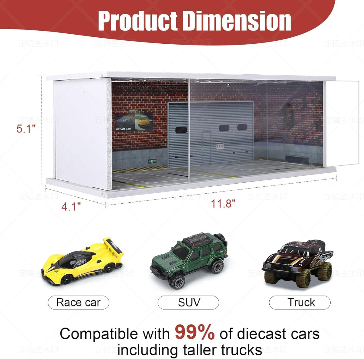 Display Case for Hot Wheels: Stackable Parking Garage for 1/64 Scale Matchbox Toy Car, FoamBoard Storage for Monster Trucks with LED Light and Acrylic Cover, Red Bricks