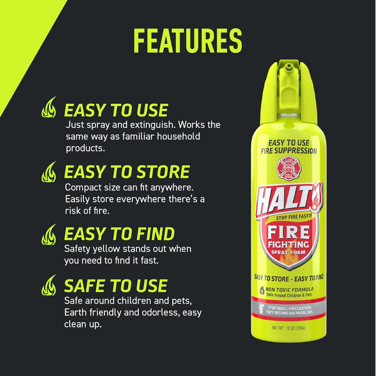 HALT! Fire Fighting Foam Spray – Non-Toxic, PFAS Free, Easy to Use, Store, and Find in Emergency – Compact & Portable – Ideal for Home, Kitchen, Apartment, Car, BBQ, Tailgate – Made in USA (4-Pack)