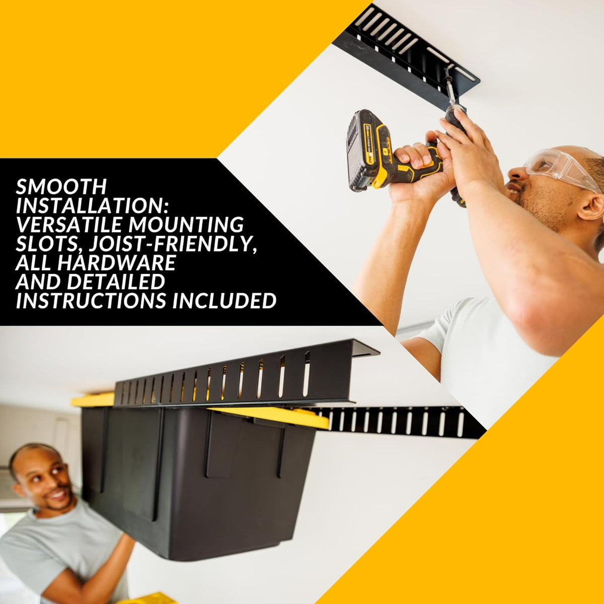 Overhead Bin Rack - Ceiling Mount Overhead Garage Storage Rack | Adjustable Width and Orientation | Heavy Duty Ceiling Bin Storage Rails | Fits Black & Yellow Storage Bins | USA Designed (2 Bins)