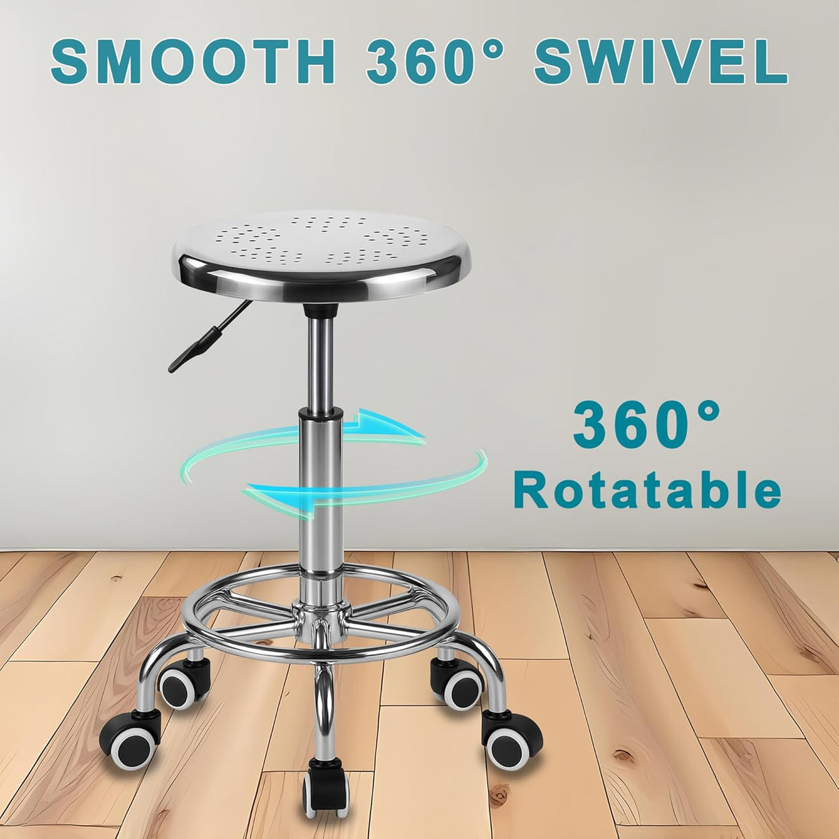 Rolling Stool, Stainless Steel Workbench, Adjustable Swivel Stool Medical 5 Wheels, 304 Stainless Steel Structure Laboratory Round Pad, Load Capacity 445 lbs (Silver)