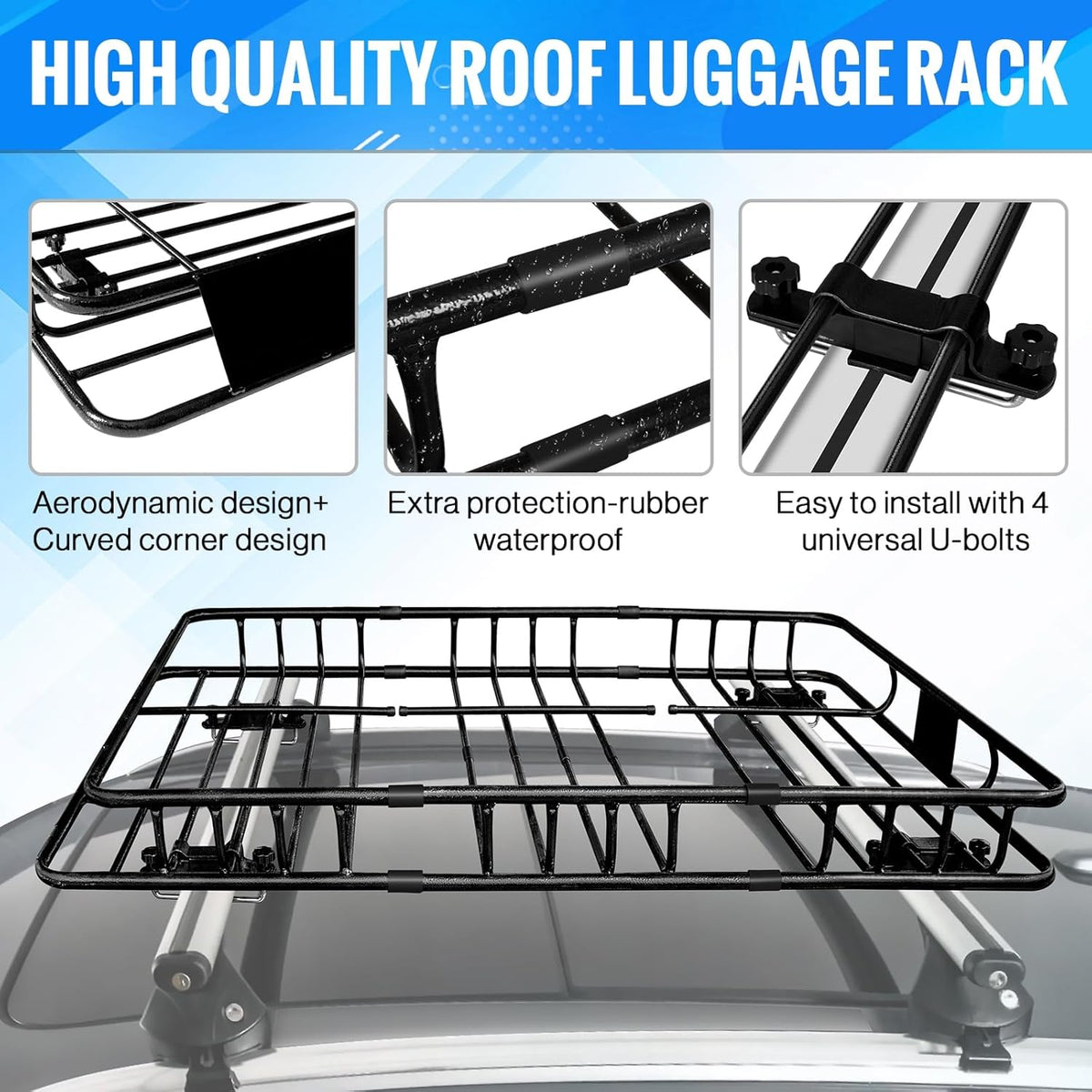 Heavy Duty 58"X36"X5" Roof Rack Basket Universal Rooftop Carrier With Waterproof Bag 18 Cubic Feet (54"X34"X17"), Cargo Net With Grabber