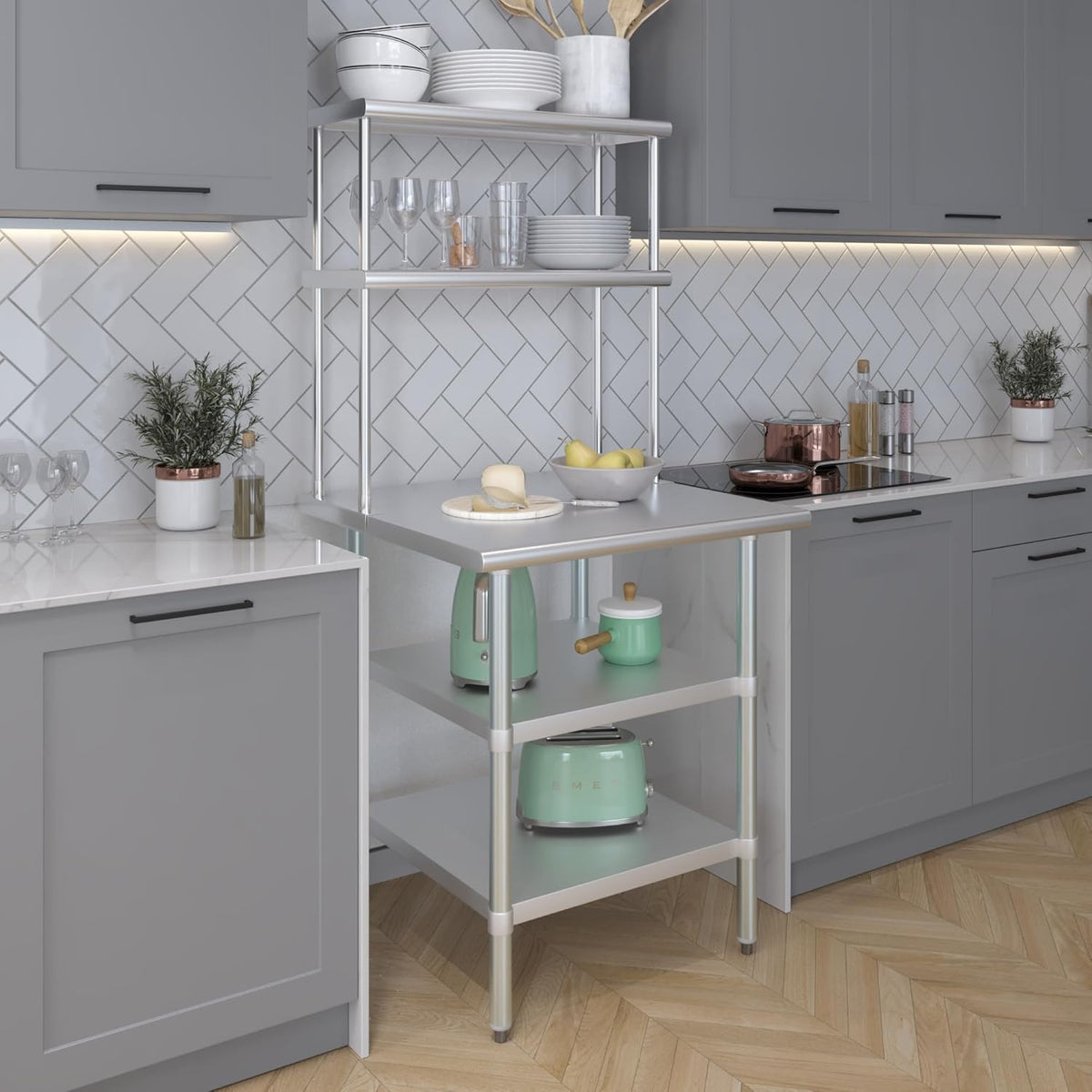 Amgood Stainless Steel Work Table with 2 Shelves | Metal Kitchen Prep Table & Shelving Combo (30" x 30" Table with 2 Shelves + 12" Overshelf)
