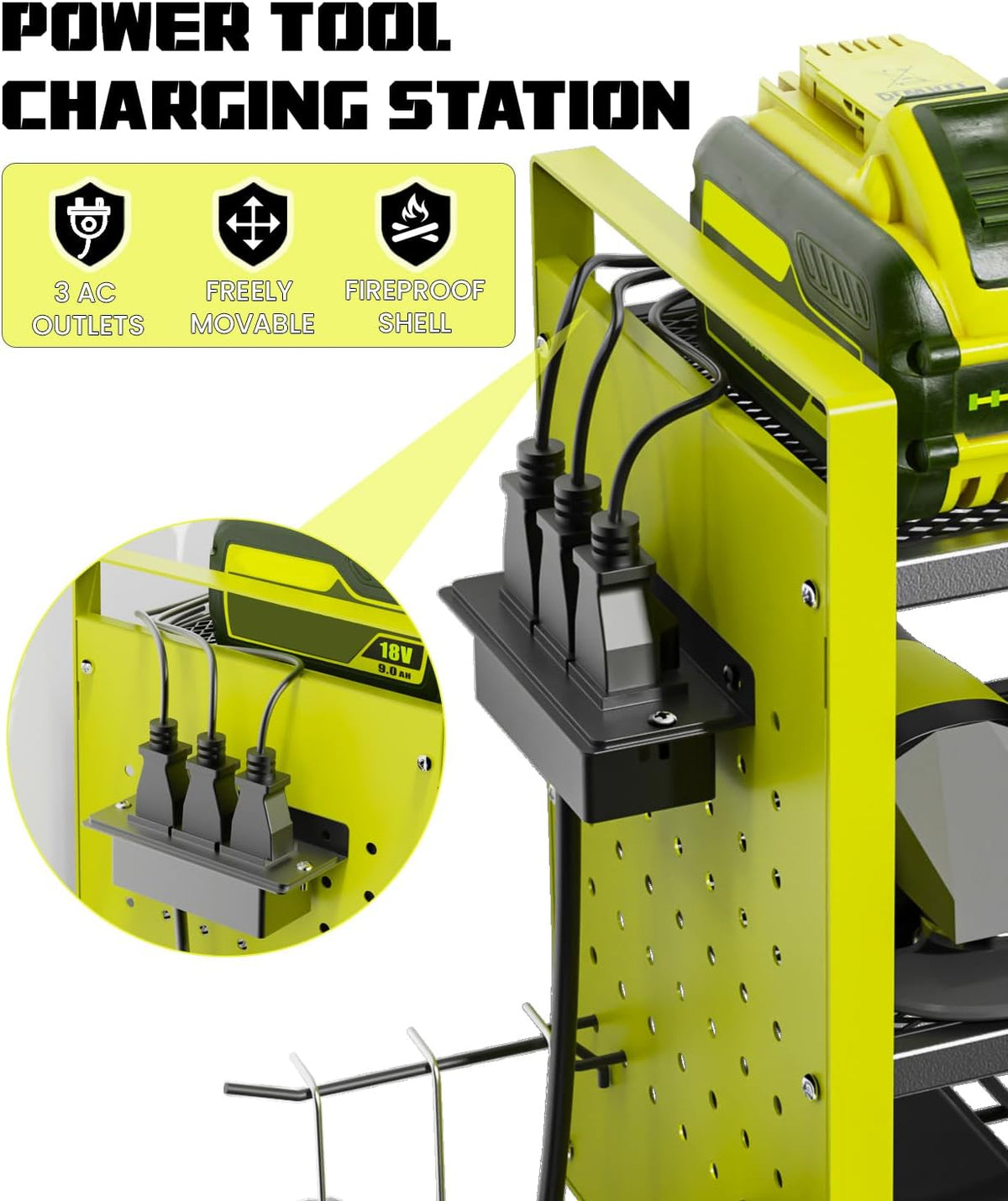 Heavy-Duty 48" Wall Mount Power Tool Organizer with Charging Station – 3-Tier Garage Organization Rack for Drills, Wrenches & Tools – Includes 16 Hooks & Pegboard Sides
