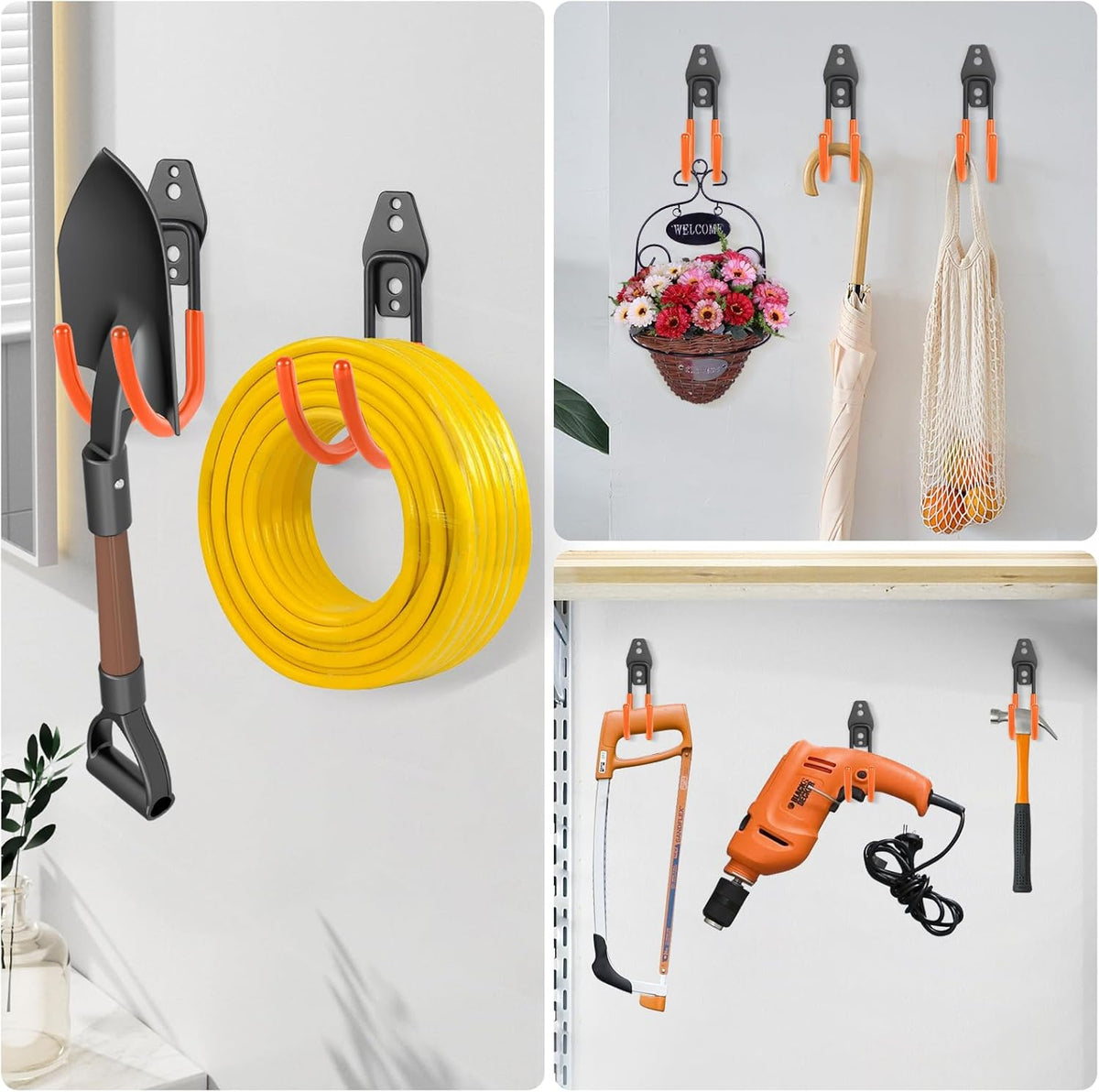 Upgraded Garage Hooks, 6 Pack Heavy Duty Wall Mount Steel Utility Hooks, Storage System Hooks for Power Tools, Garden Hose, Ladder, Bike, Cords, and More